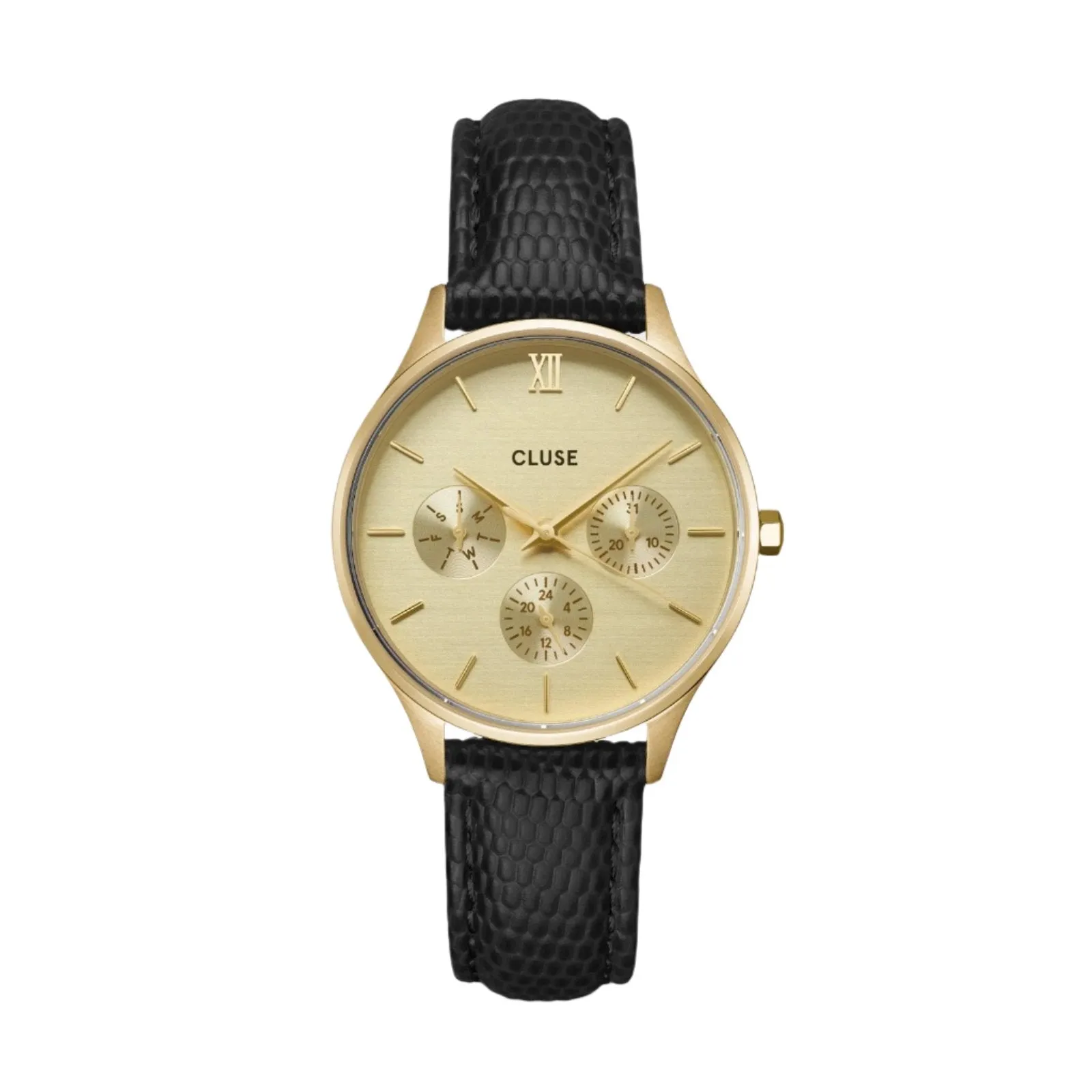 CLUSE Minuit Multifunction Black Lizard Gold Watch CW10705