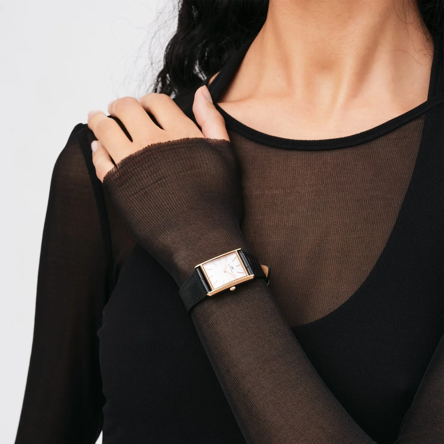 Daniel Wellington Bound Black Crocodile Rose Gold White Dial Watch DW00100698