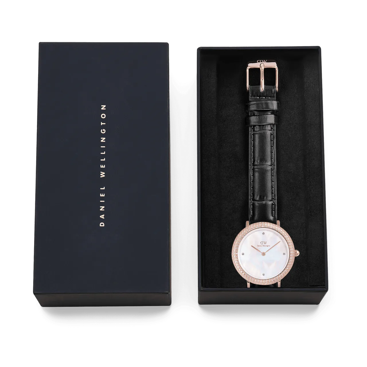 Daniel Wellington Crystalline Bezel Black Croc Rose Gold White Dial Watch DW00100827