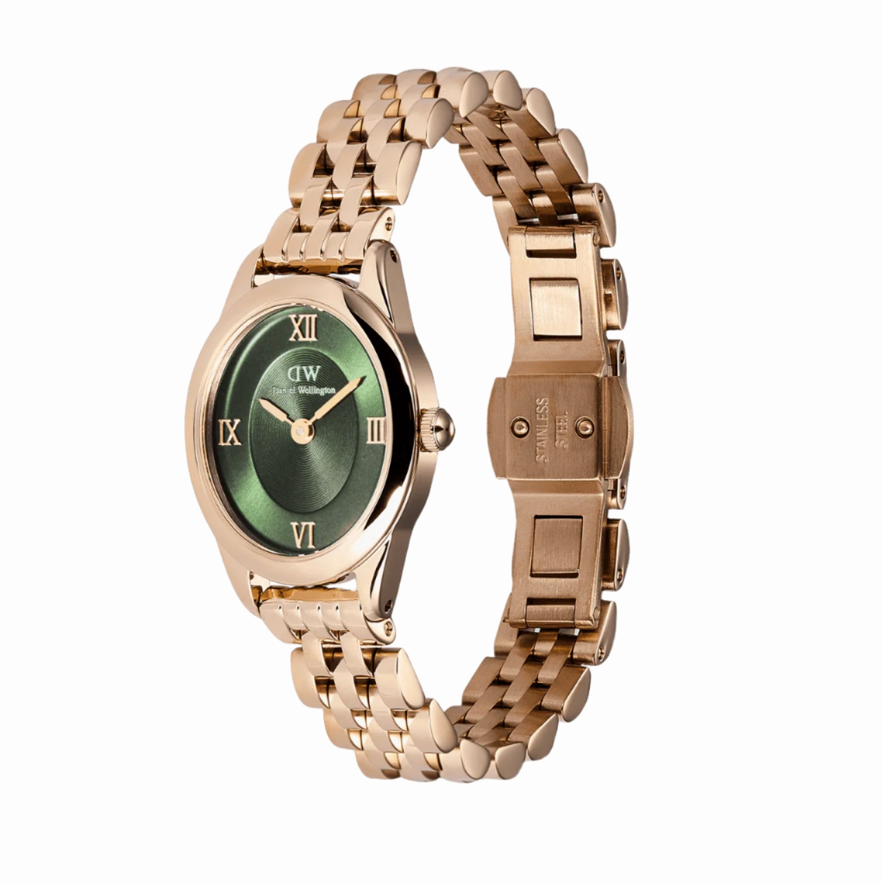 Daniel Wellington Ophelia Mini Beans Link Rose Gold Emerald Dial Watch DW00100806