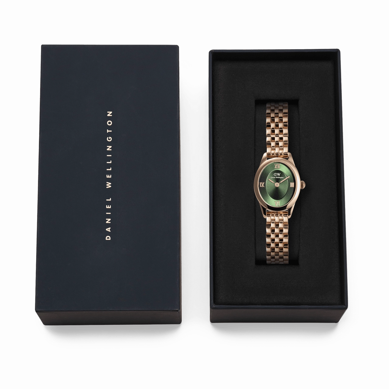 Daniel Wellington Ophelia Mini Beans Link Rose Gold Emerald Dial Watch DW00100806