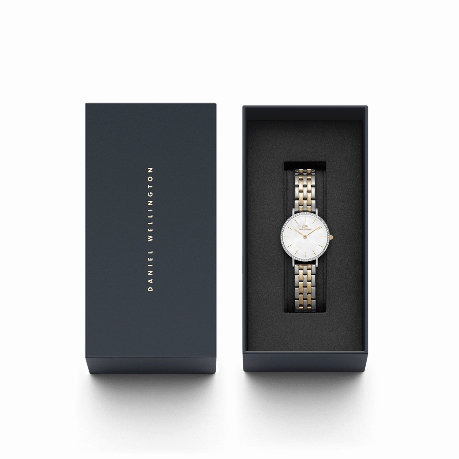 Daniel Wellington Petite 28mm Bezel 5-Link White MOP Two-Tone Watch DW00100665