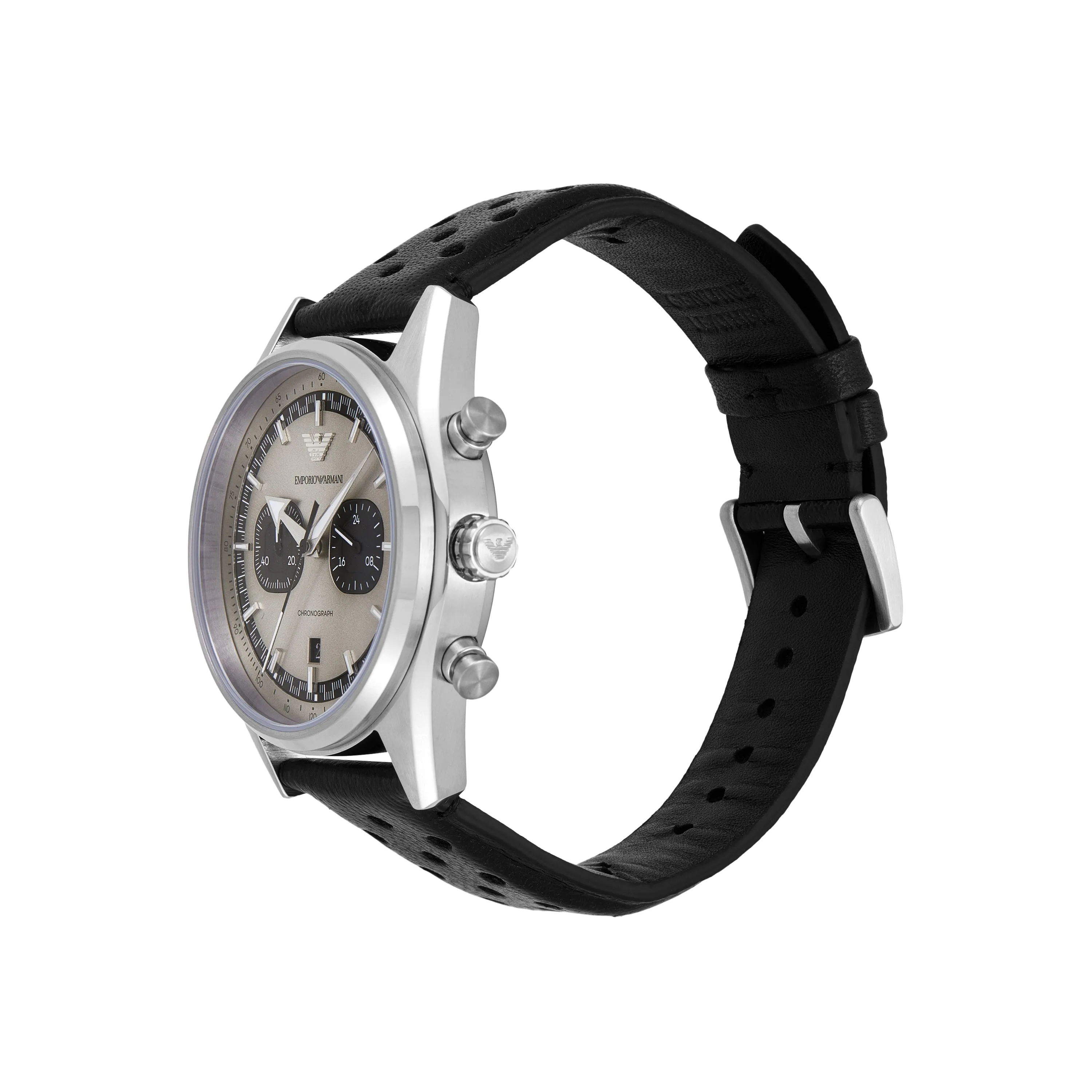Emporio Armani Chronograph Silver Dial Black Leather Strap Watch AR11677