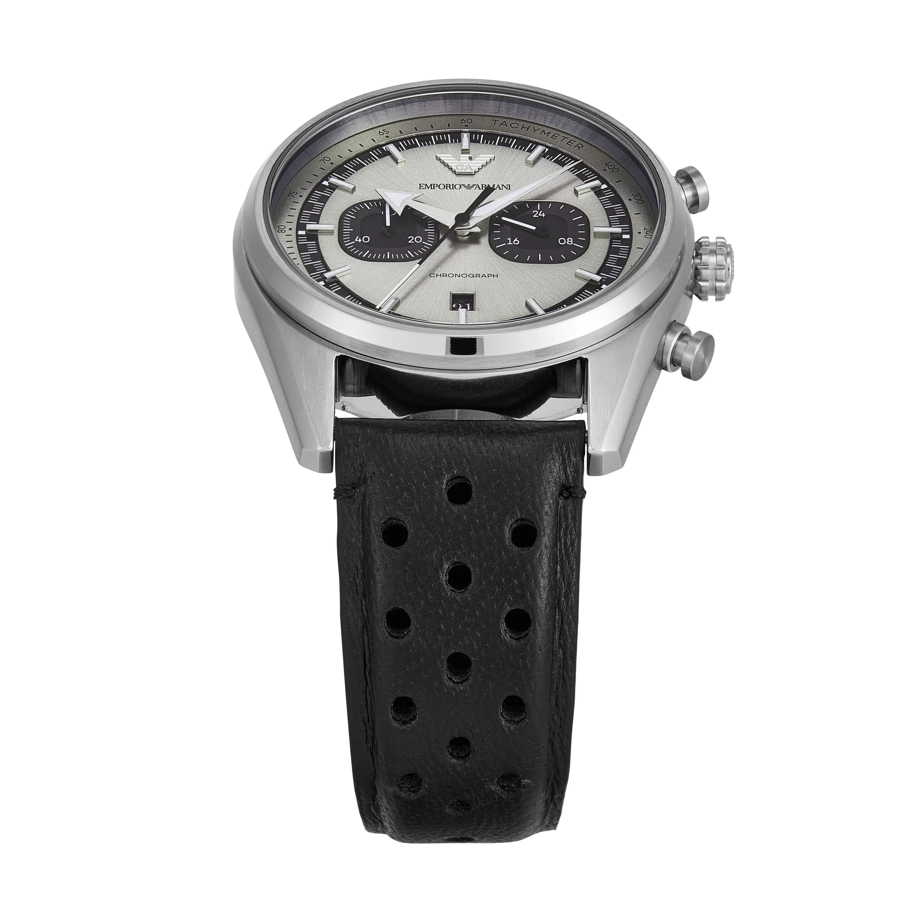 Emporio Armani Chronograph Silver Dial Black Leather Strap Watch AR11677
