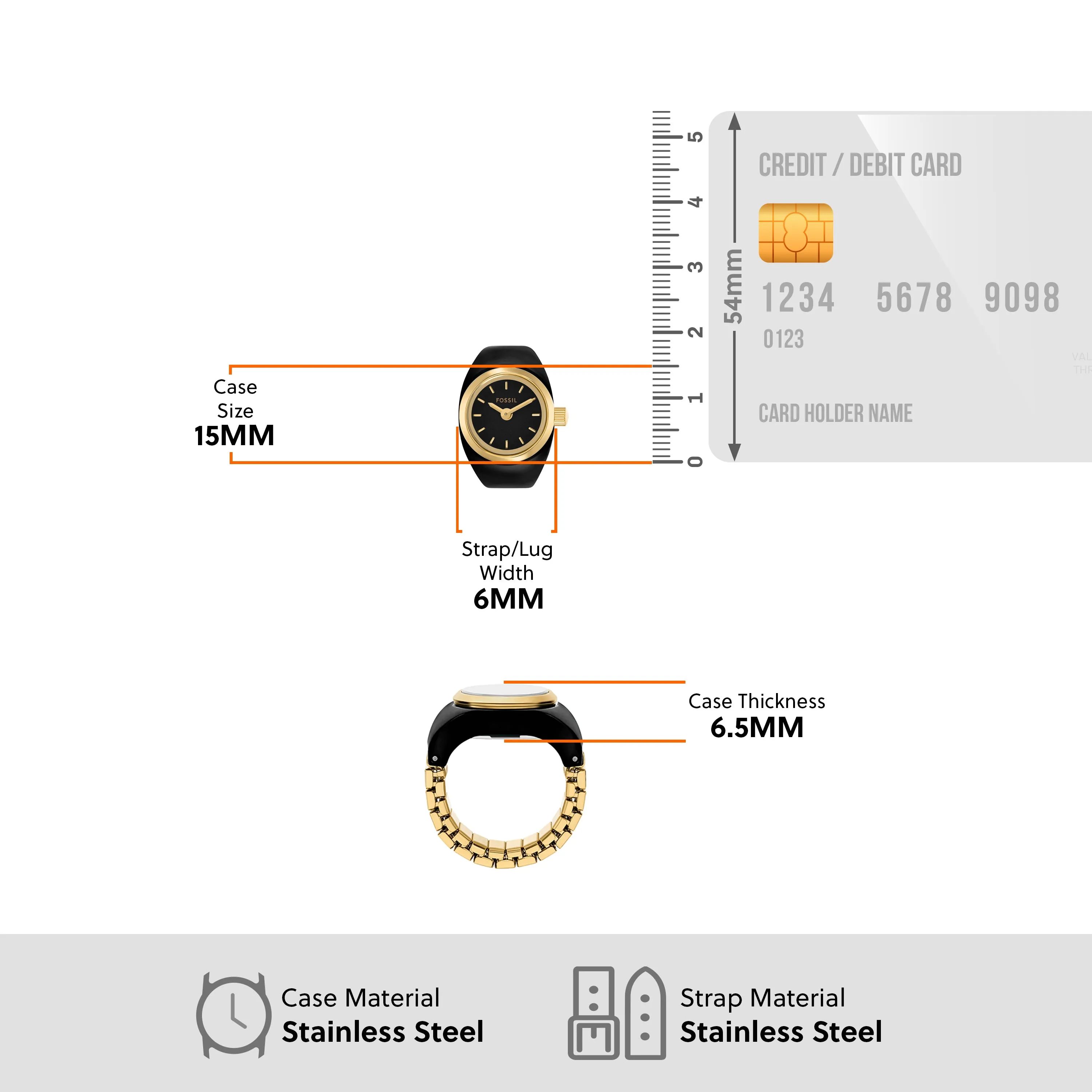 Fossil Two-Hand Gold Stainless Steel Ring Watch ES5413