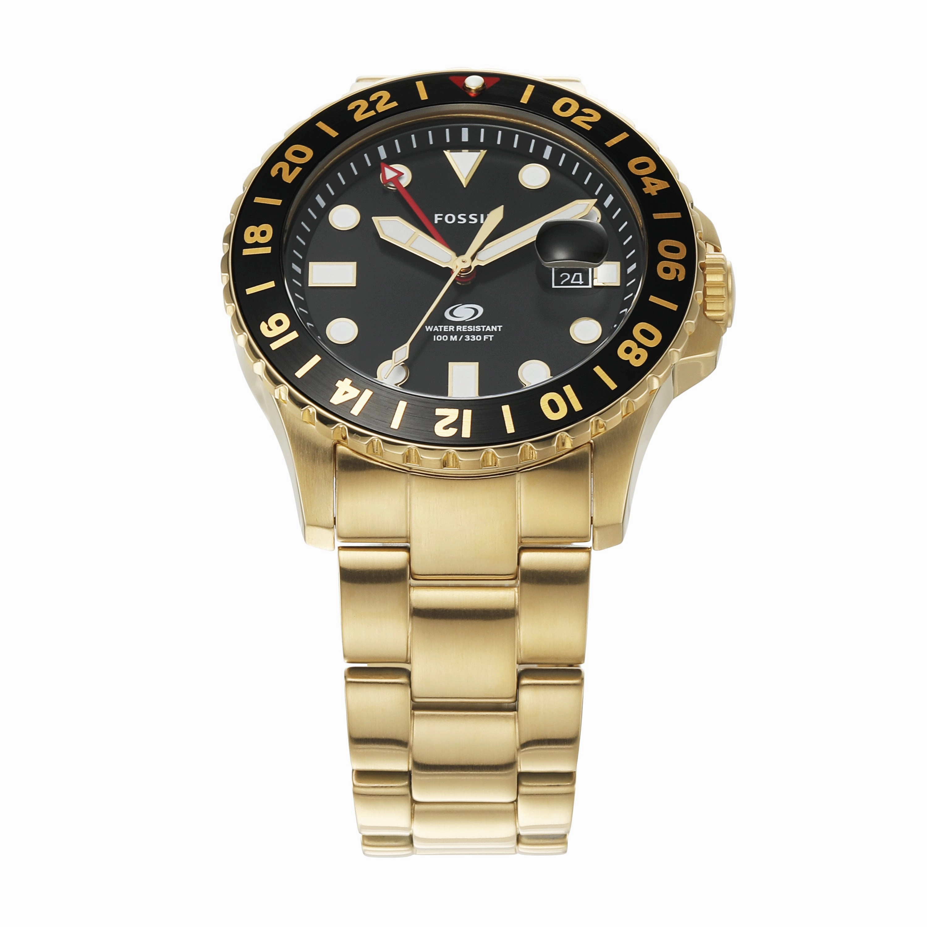 Fossil Blue GMT Black Dial Gold Stainless Steel Men's Watch FS5990