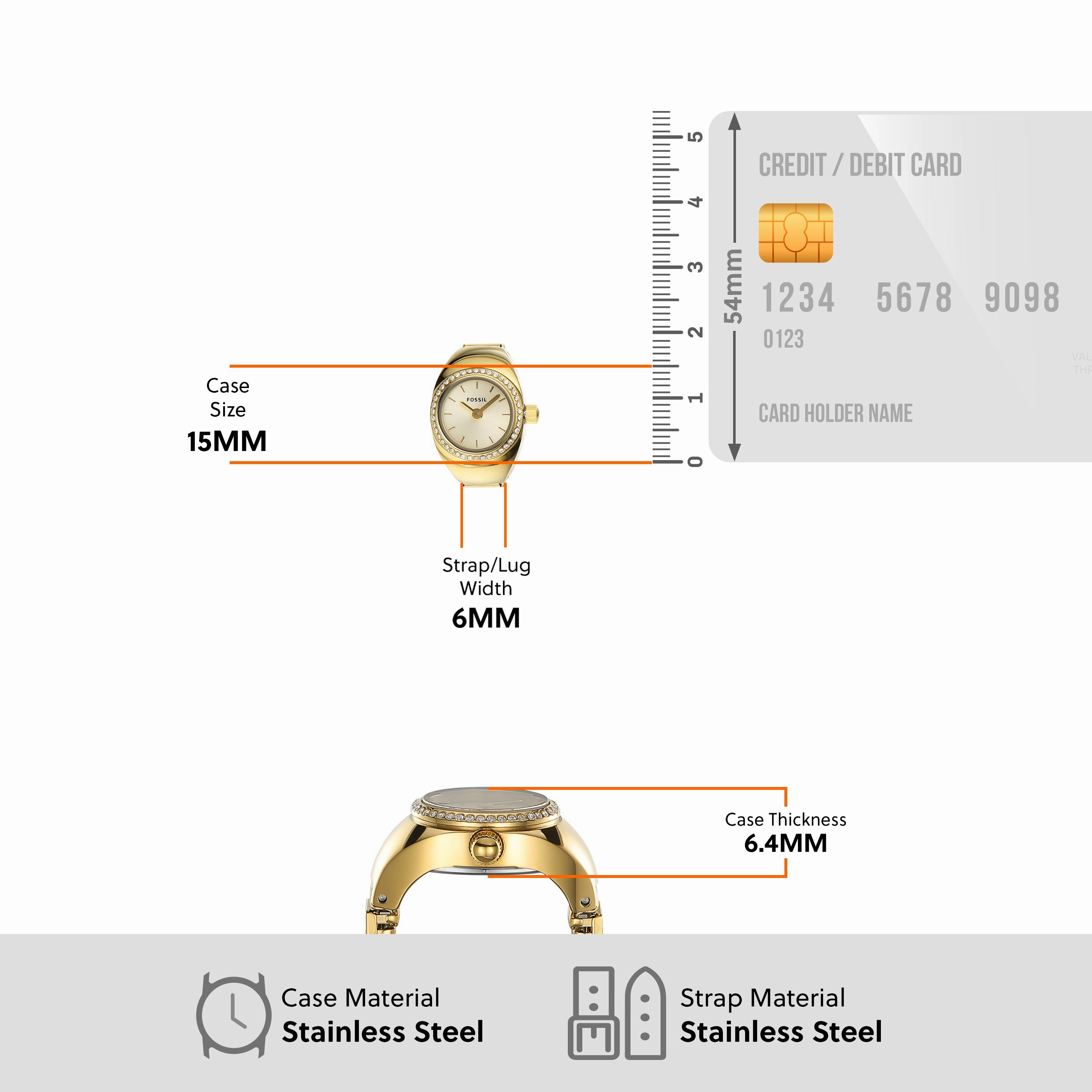 Fossil Gold Crystal-Adorned Two-Hand Movement Ring Watch ES5319