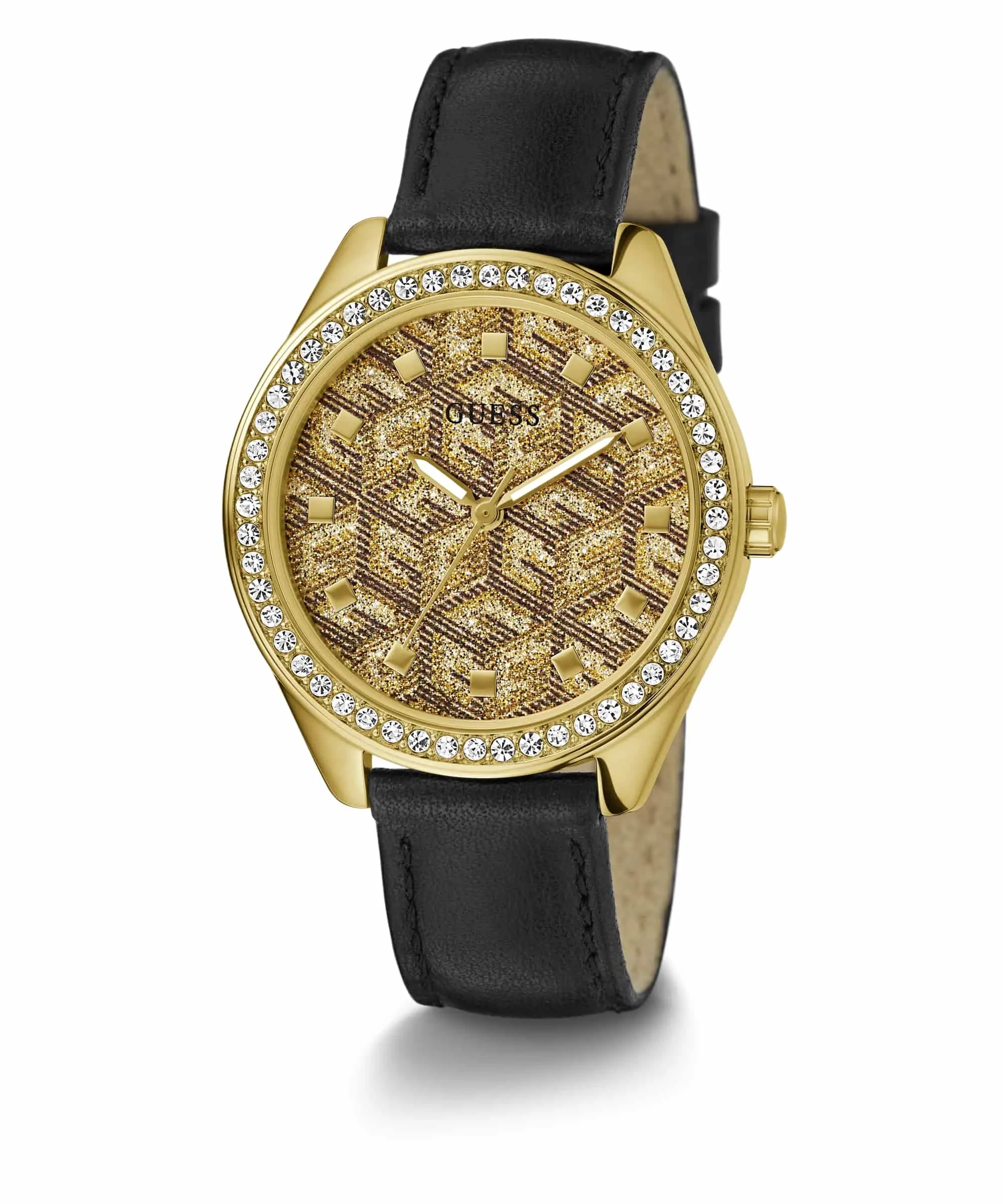 Guess G Gloss Gold Dial Black Leather Strap Watch GW0608L2
