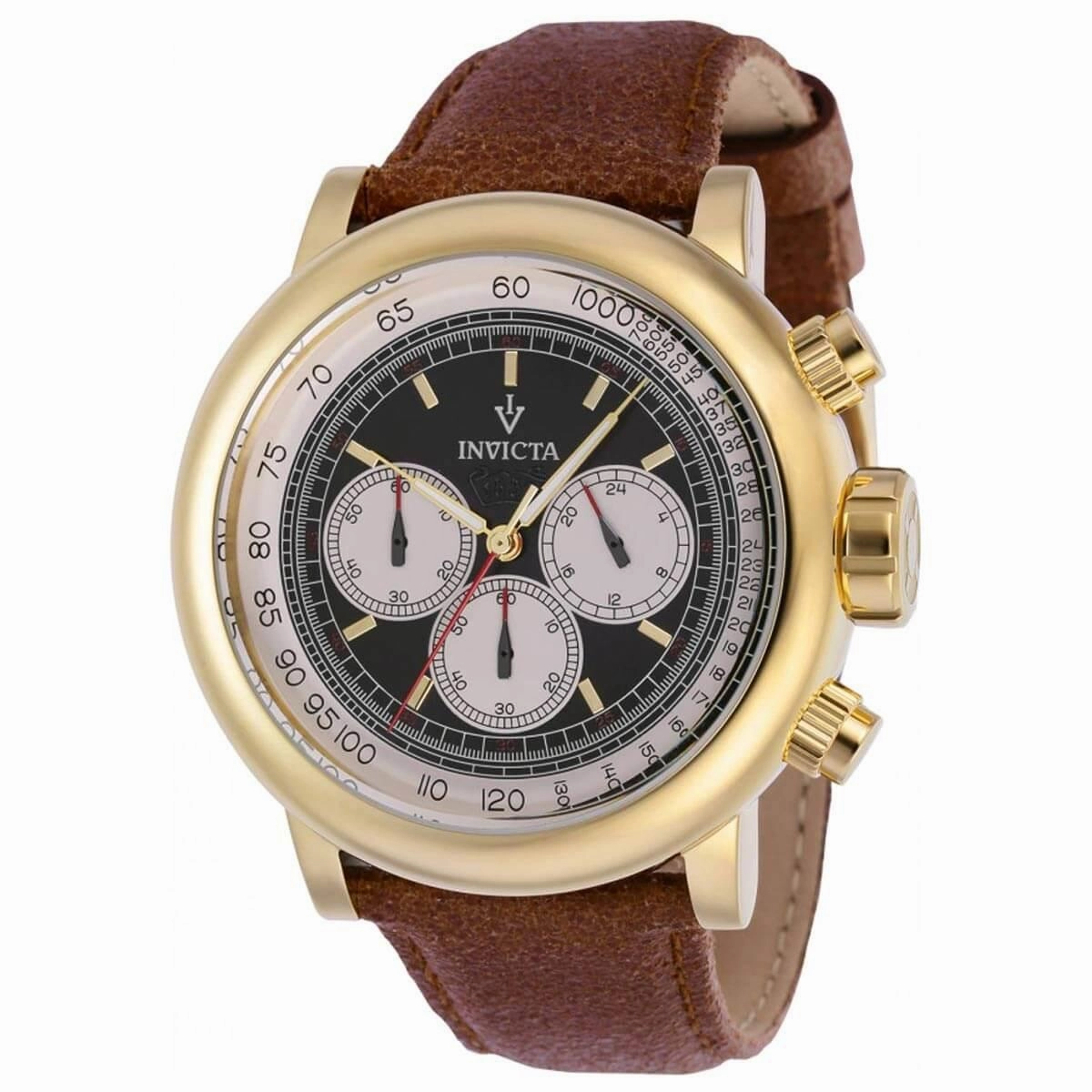 Invicta Men's Chronograph Watch - Vintage Black and Ivory Dial Brown Strap | 37323