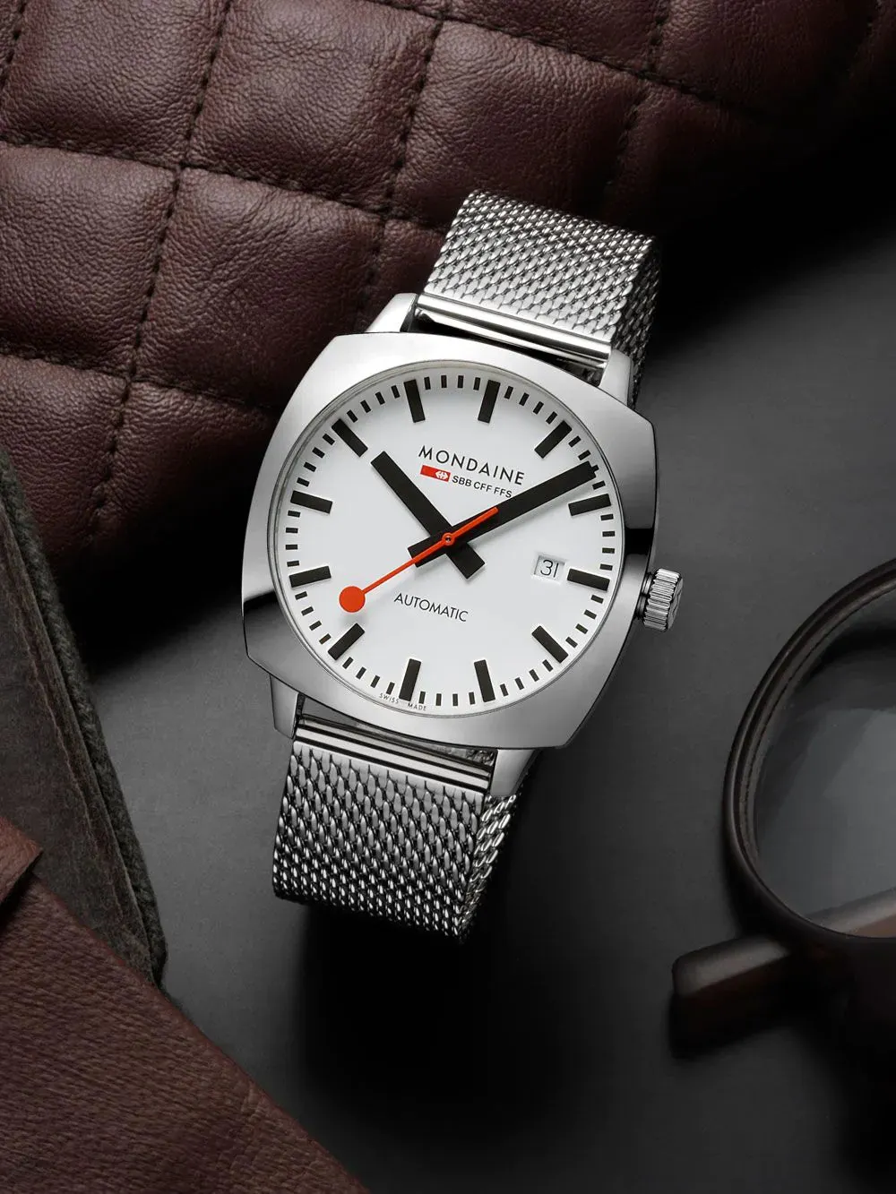 Mondaine Cushion Automatic White Dial Stainless Steel Watch MSL.3961B.SM