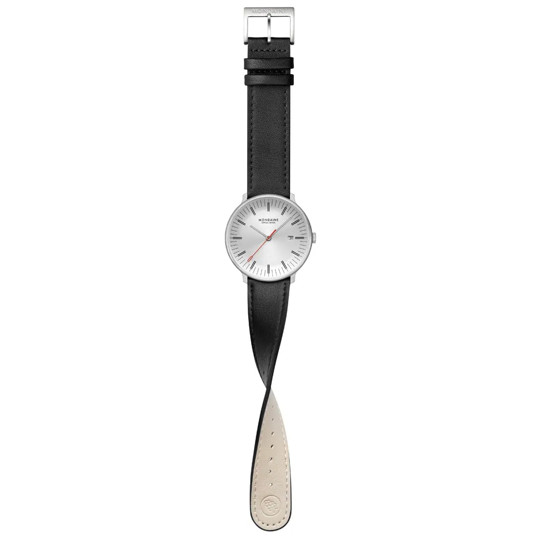 Mondaine Doppio 41mm Black Vegan Grape Leather Watch MLE.41210.LBV