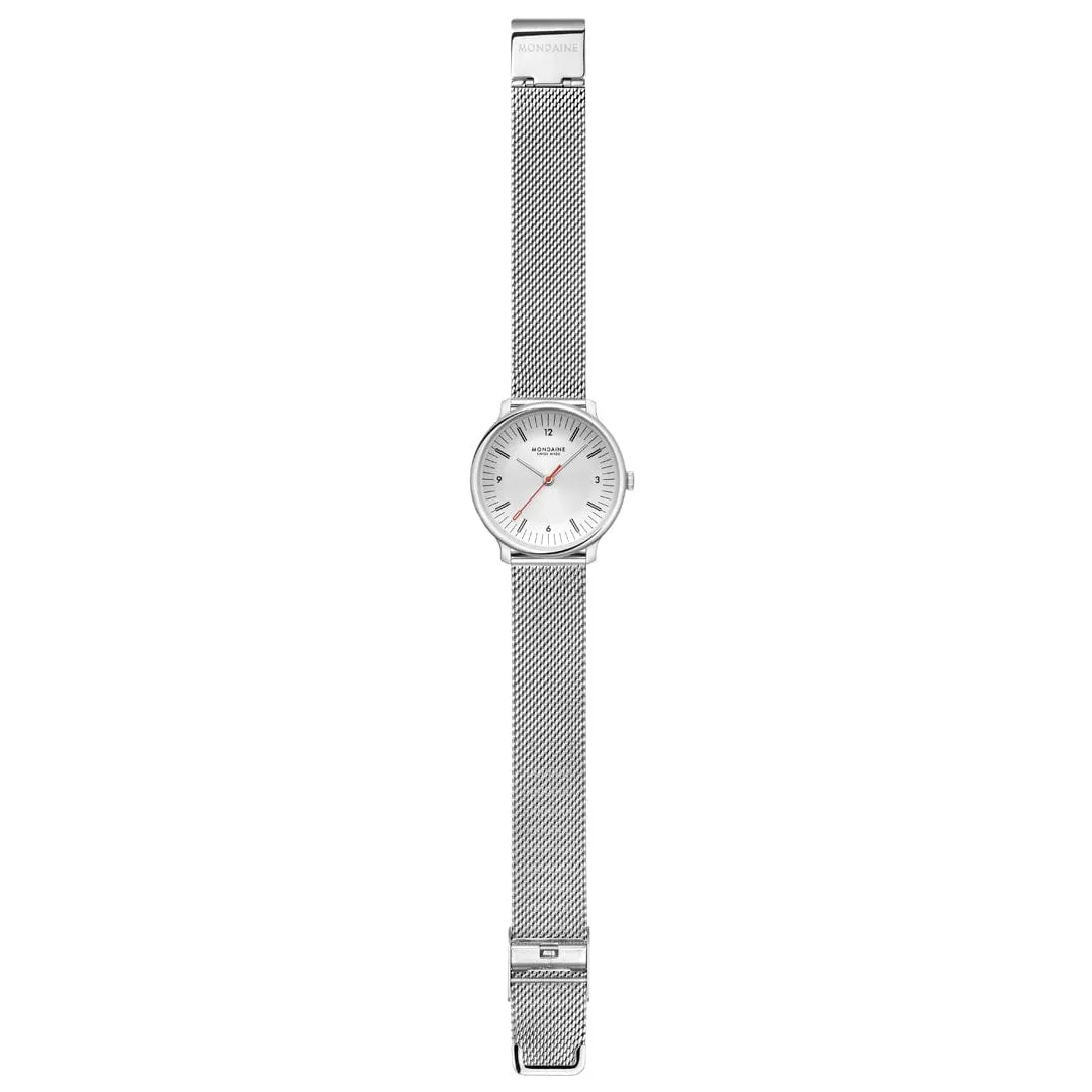 Mondaine Doppio White Dial Silver Mesh Bracelet Watch MLE.33110.SM