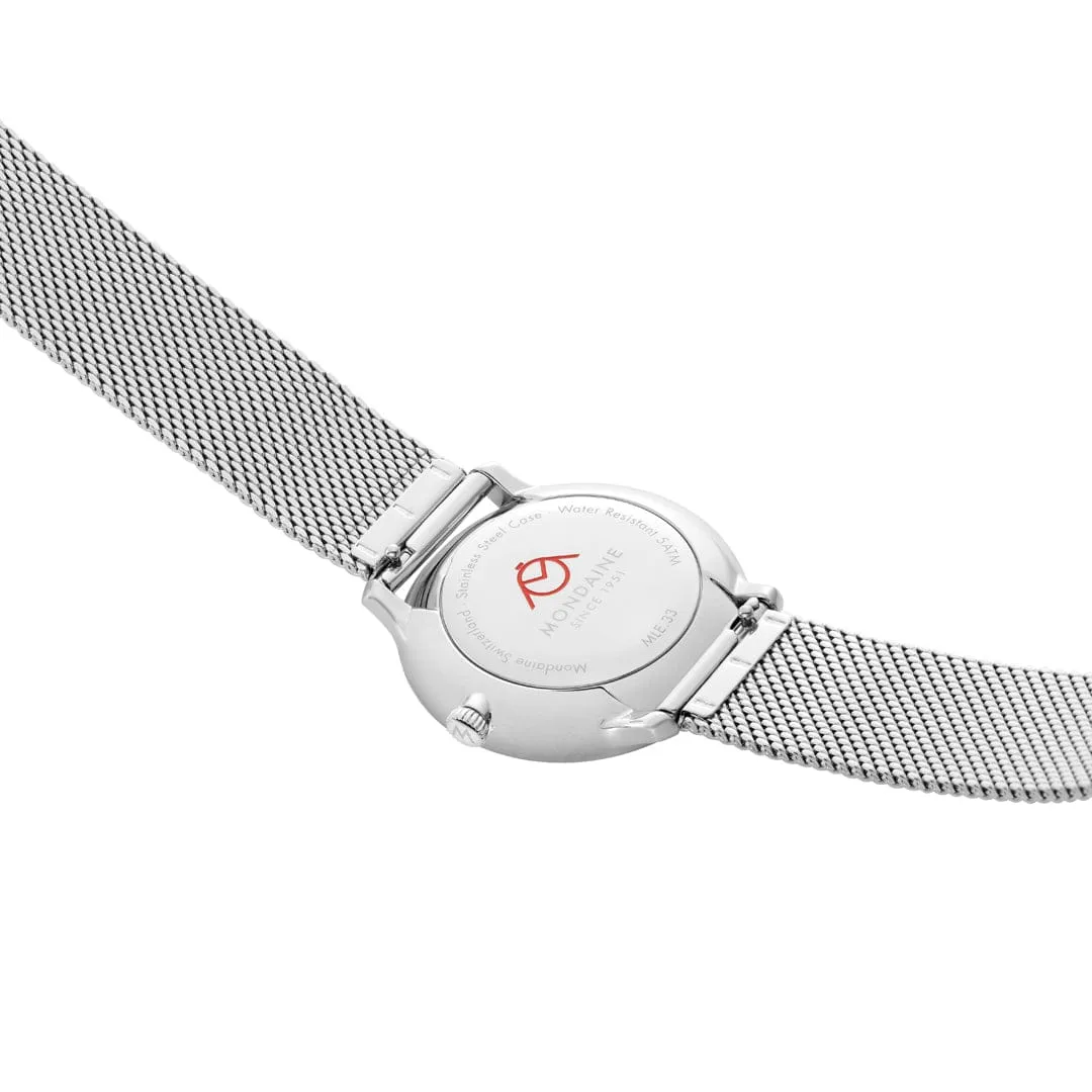 Mondaine Doppio White Dial Silver Mesh Bracelet Watch MLE.33110.SM