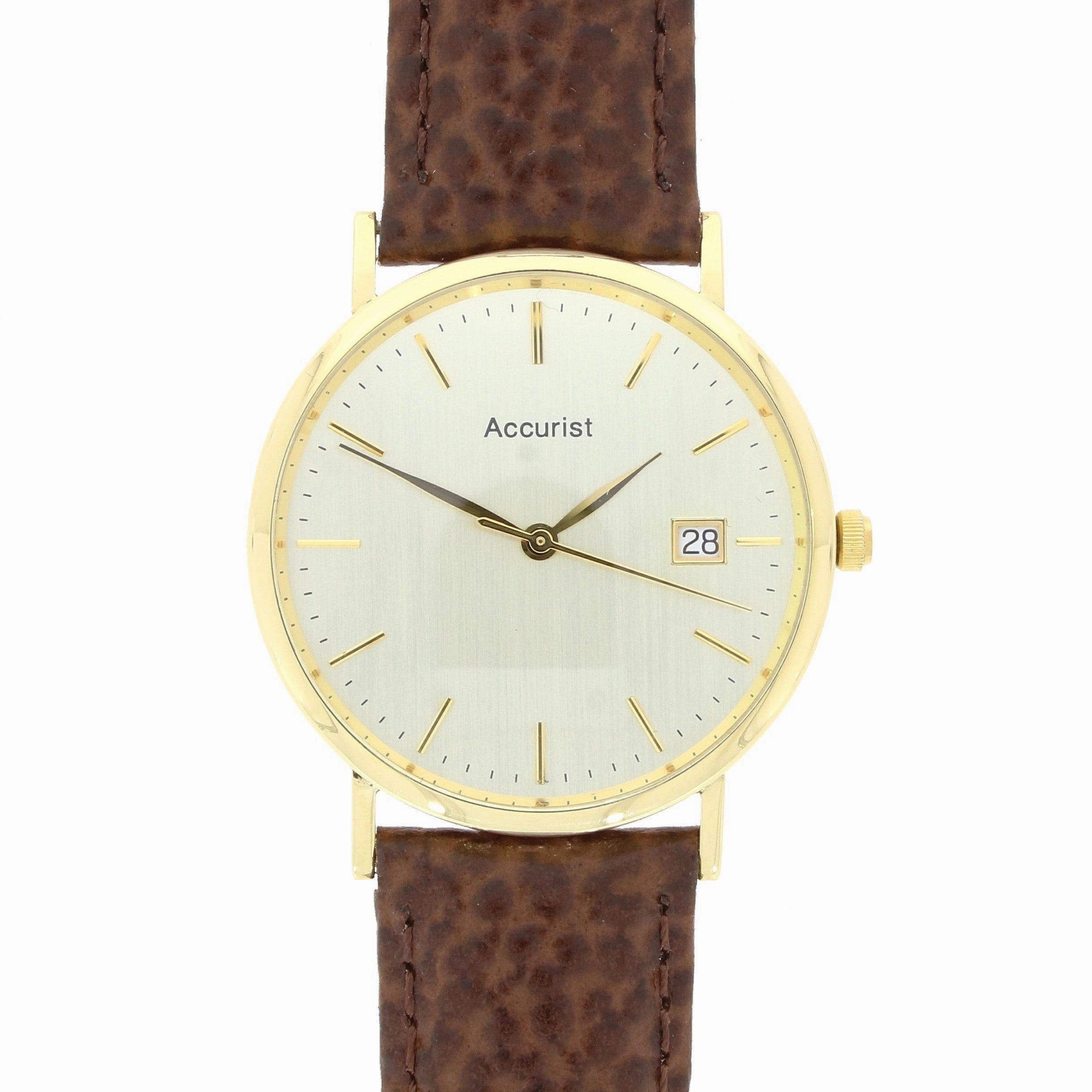 Pre Owned Accurist 18ct Gold Quartz Leather Strap Watch RW0613
