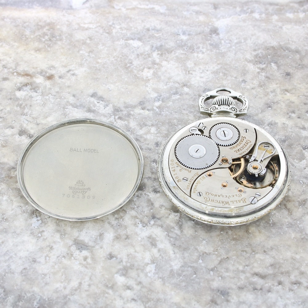 Pre Owned Ball Watch Co Cleveland Official RR Railroad 14ct White Gold Filled Pocket Watch RW0628