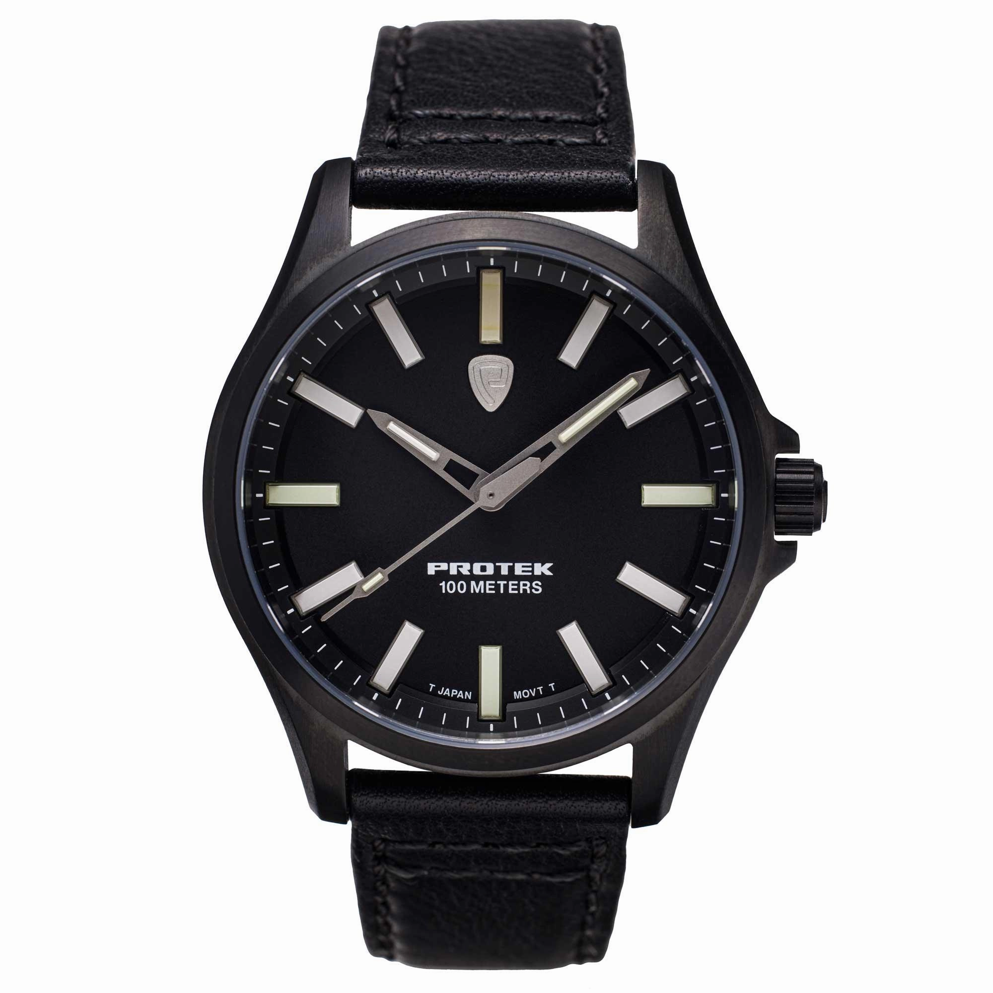 Protek Unisex Watch - Field Series Japanese Quartz Genuine Black Leather Strap | 3002