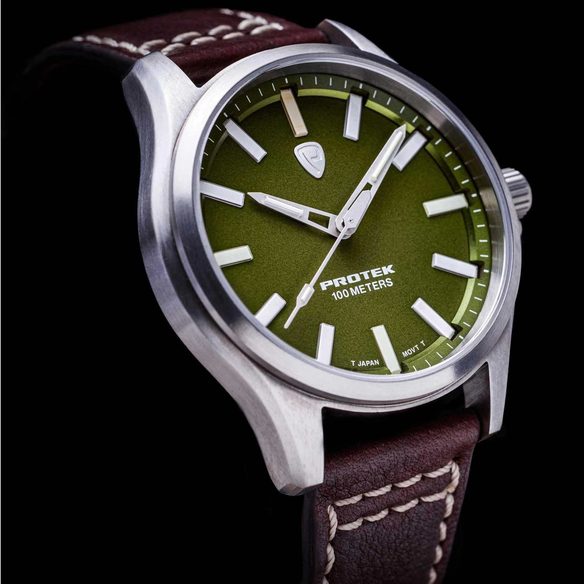 Protek Unisex Watch - Field Series Japanese Quartz Green Dial Leather Strap | 3005