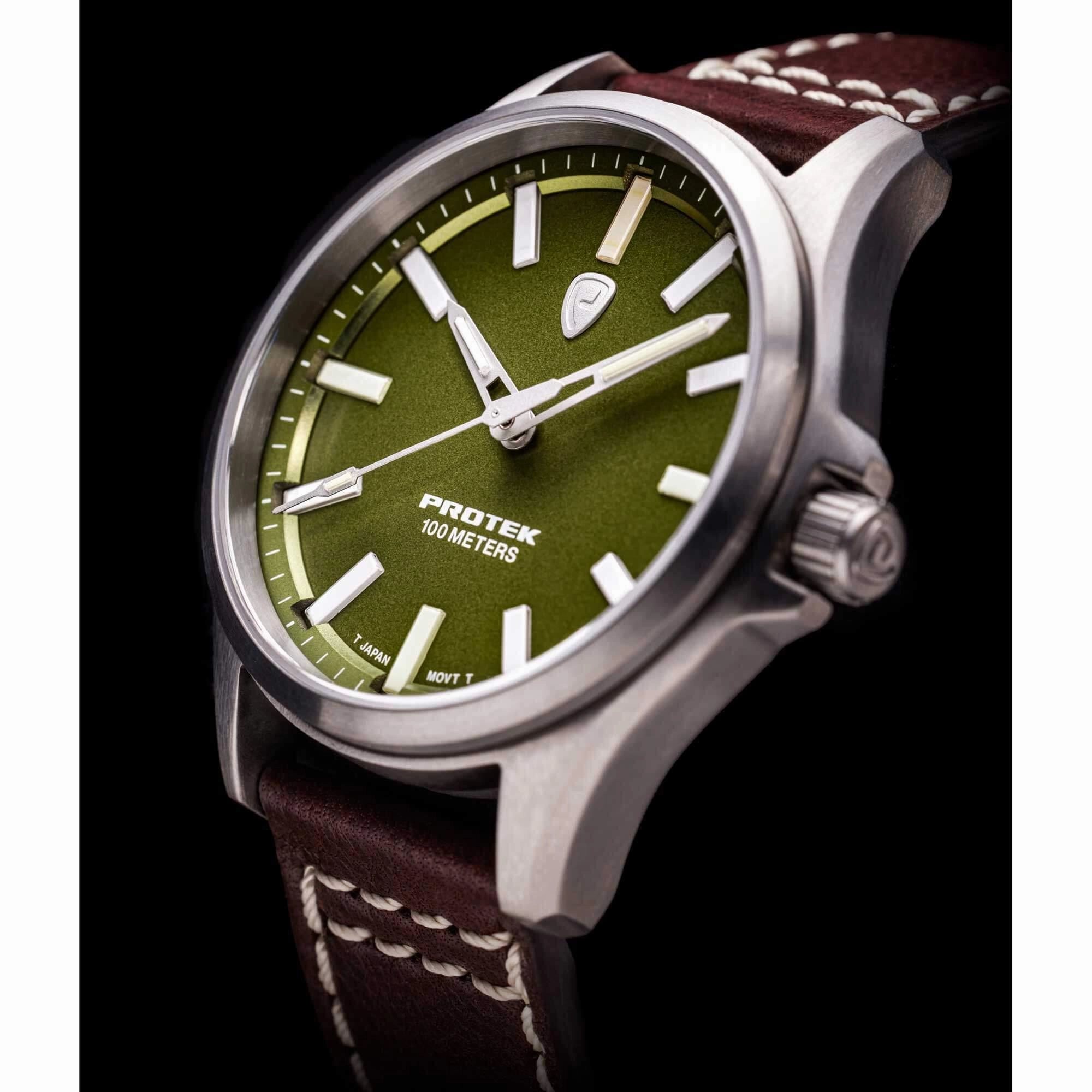 Protek Unisex Watch - Field Series Japanese Quartz Green Dial Leather Strap | 3005