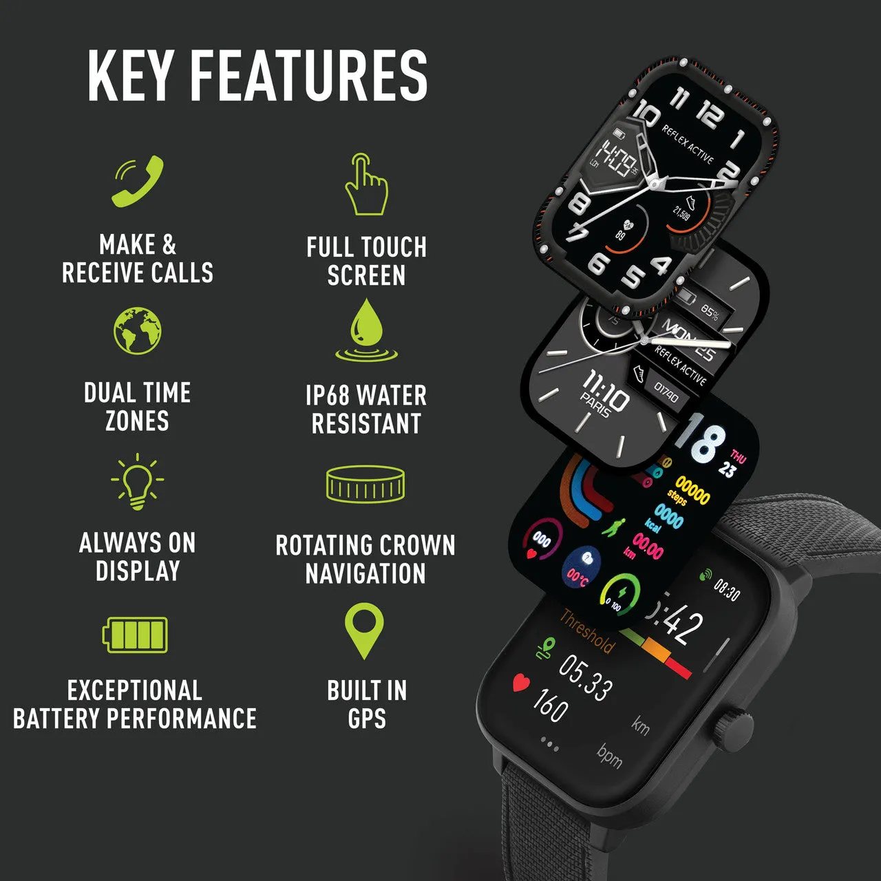 Reflex Active SERIES 44 AMOLED GPS Black Silicone Strap Smart Watch RA44-2216