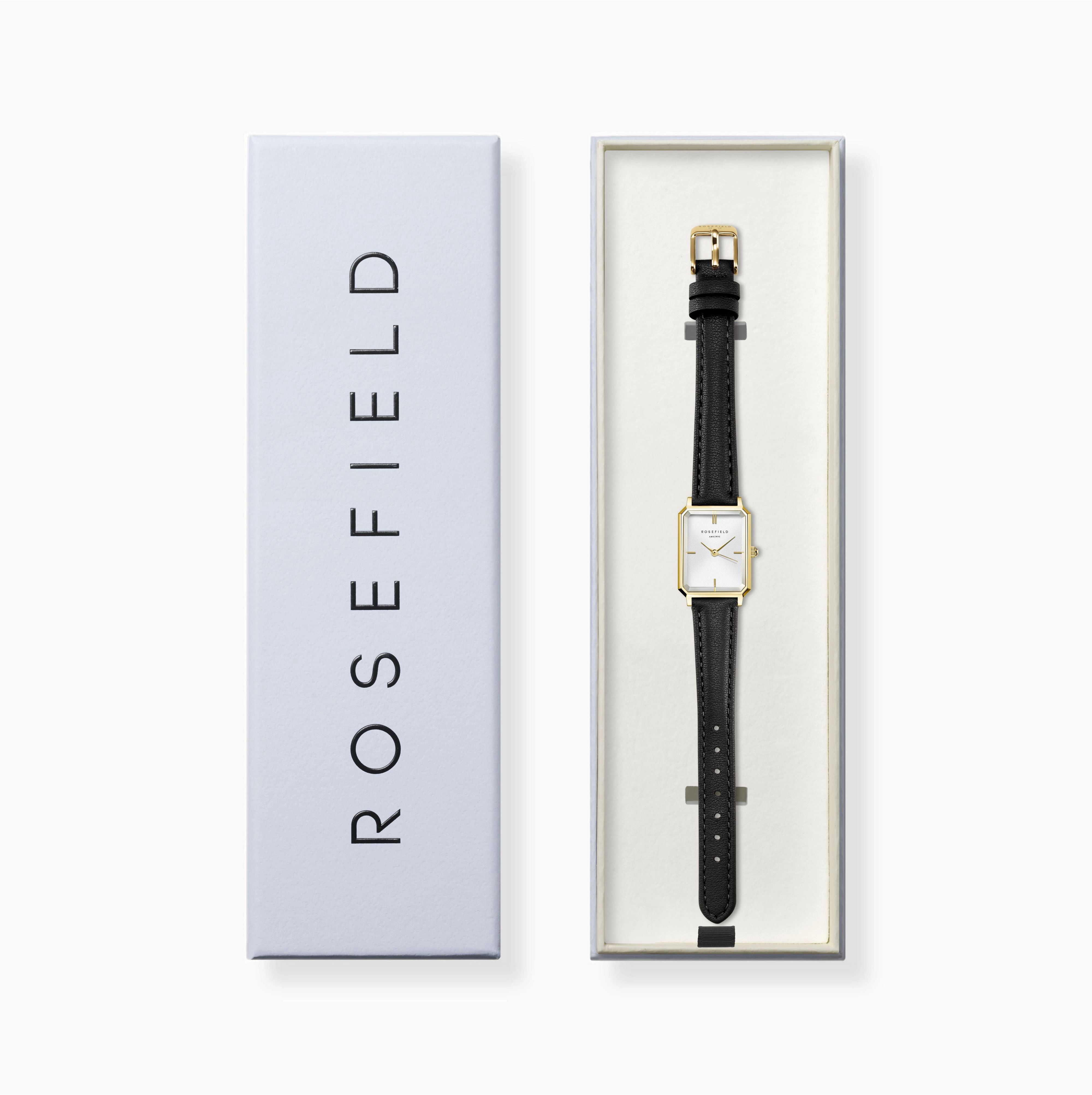 Rosefield  Octagon XS White Gold  Black Leather Watch OWBLG-O84