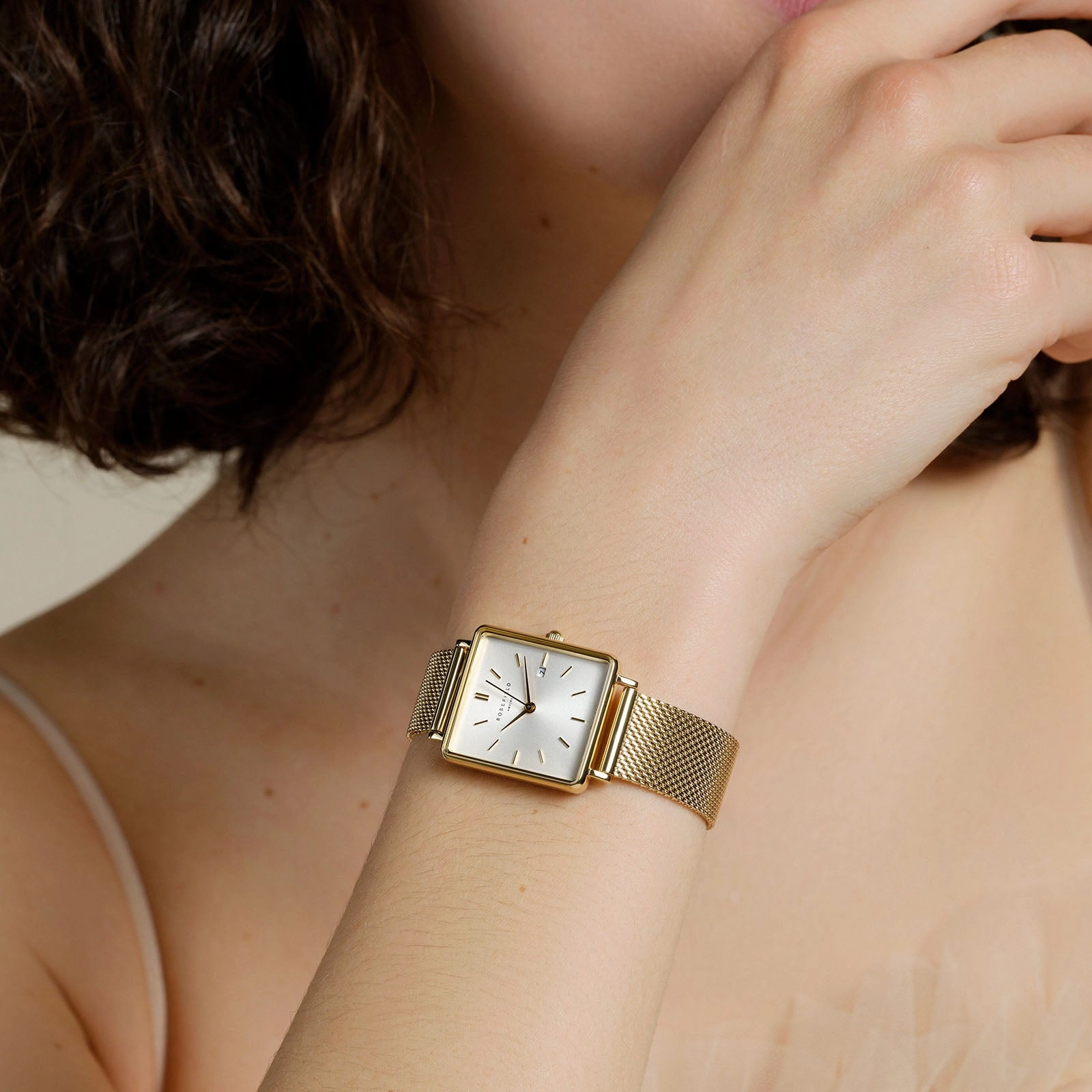 Rosefield The Boxy White Sunray Mesh Gold Watch QWSG-Q03