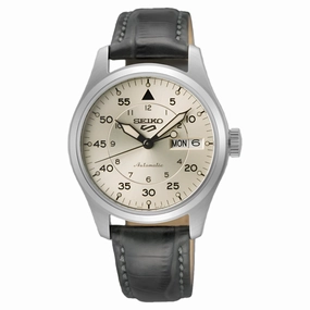 Seiko 5 Automatic Sports Beige Dial Black Leather Strap Watch SRPJ87K
