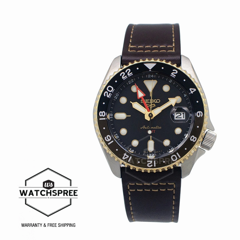Seiko 5 Sports Automatic GMT SKX Sports Style Brown Calfskin Leather Strap Watch SSK036K1