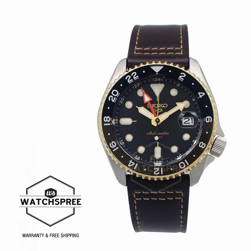 Seiko 5 Sports Automatic GMT SKX Sports Style Brown Calfskin Leather Strap Watch SSK036K1