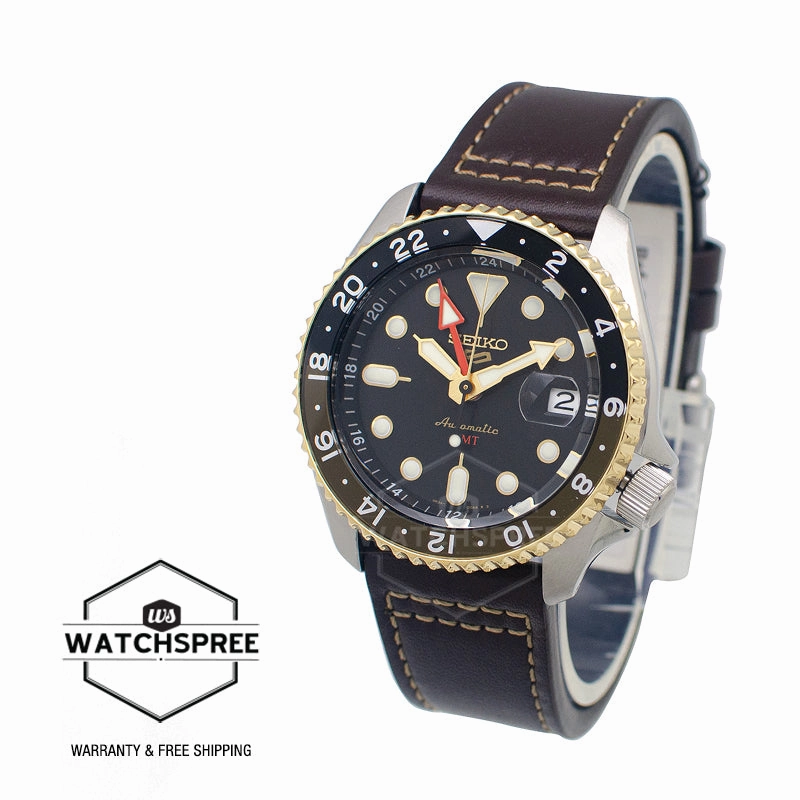 Seiko 5 Sports Automatic GMT SKX Sports Style Brown Calfskin Leather Strap Watch SSK036K1