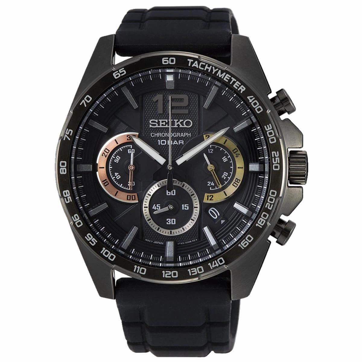 Seiko Men's Watch - Chronograph Silver Tone Case Quartz Black Dial | SSB349P1
