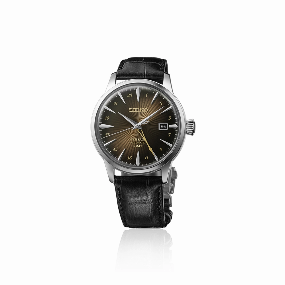 Seiko Presage GMT Brown Leather Watch Inspired by Cocktails SSK039J