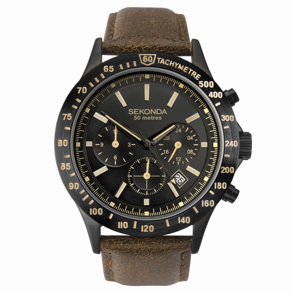 Sekonda Sports Dual Time Mens Watch Black Dial Tan Strap 1651