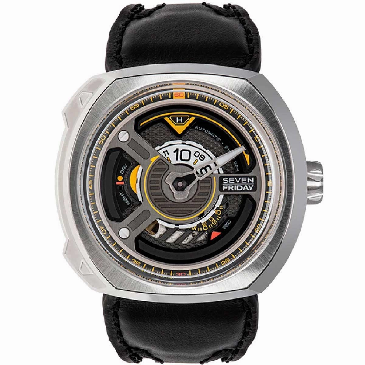 SevenFriday Men's Watch - Blade Power Reserve Black Genuine Leather Strap | W1-01