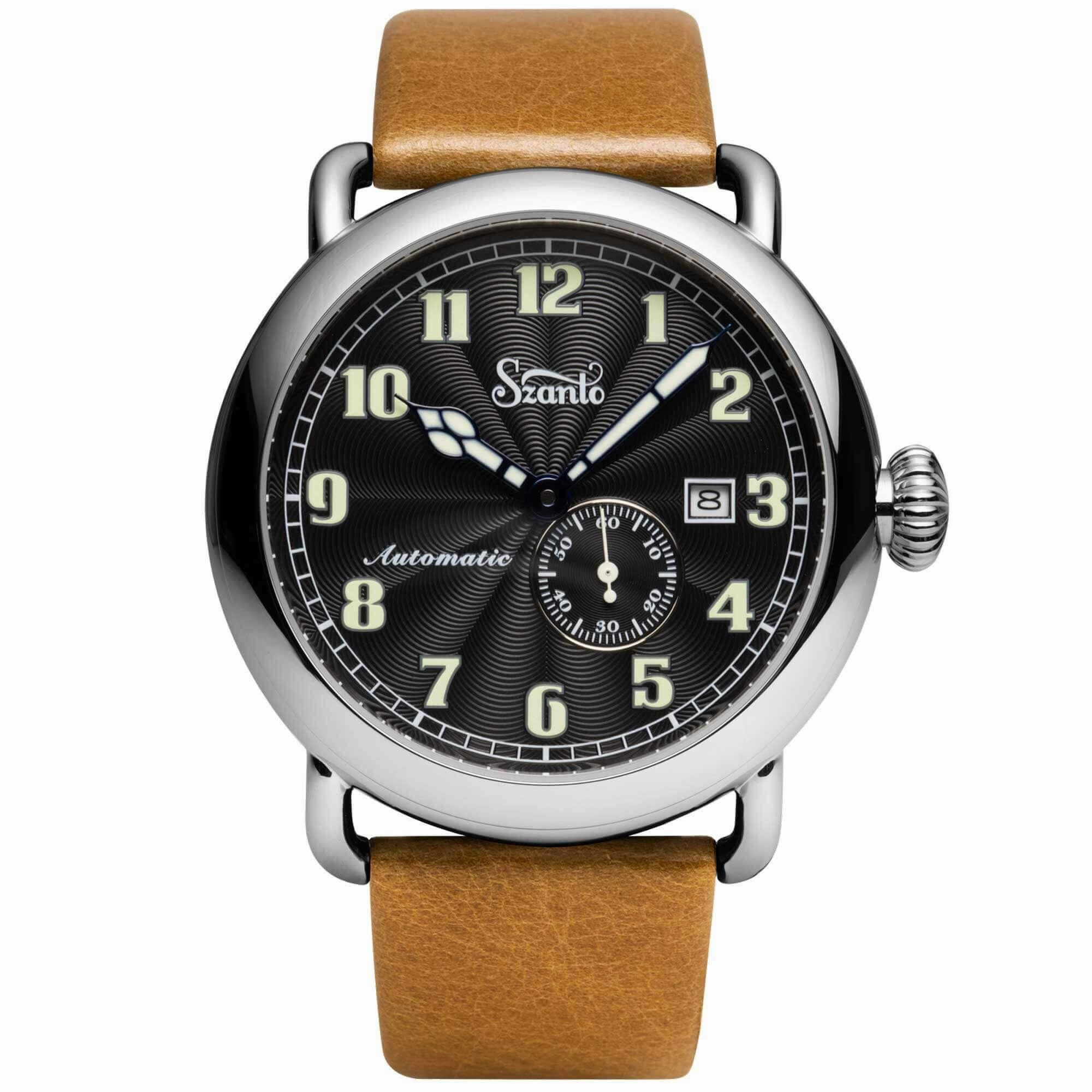 Szanto Men's Automatic Watch - Officer Classic Round Black Dial Tan Strap | SZ 6302E