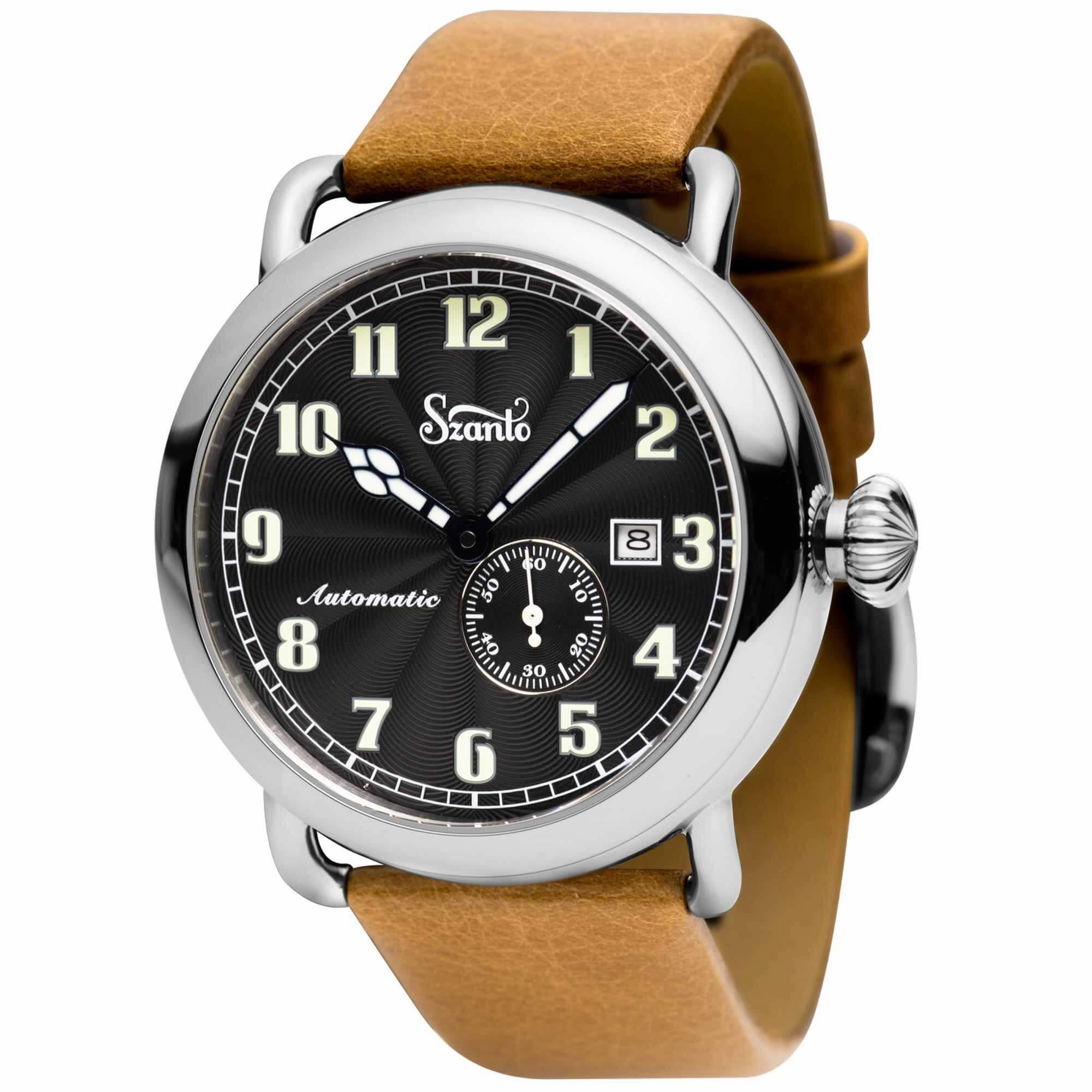 Szanto Men's Automatic Watch - Officer Classic Round Black Dial Tan Strap | SZ 6302E