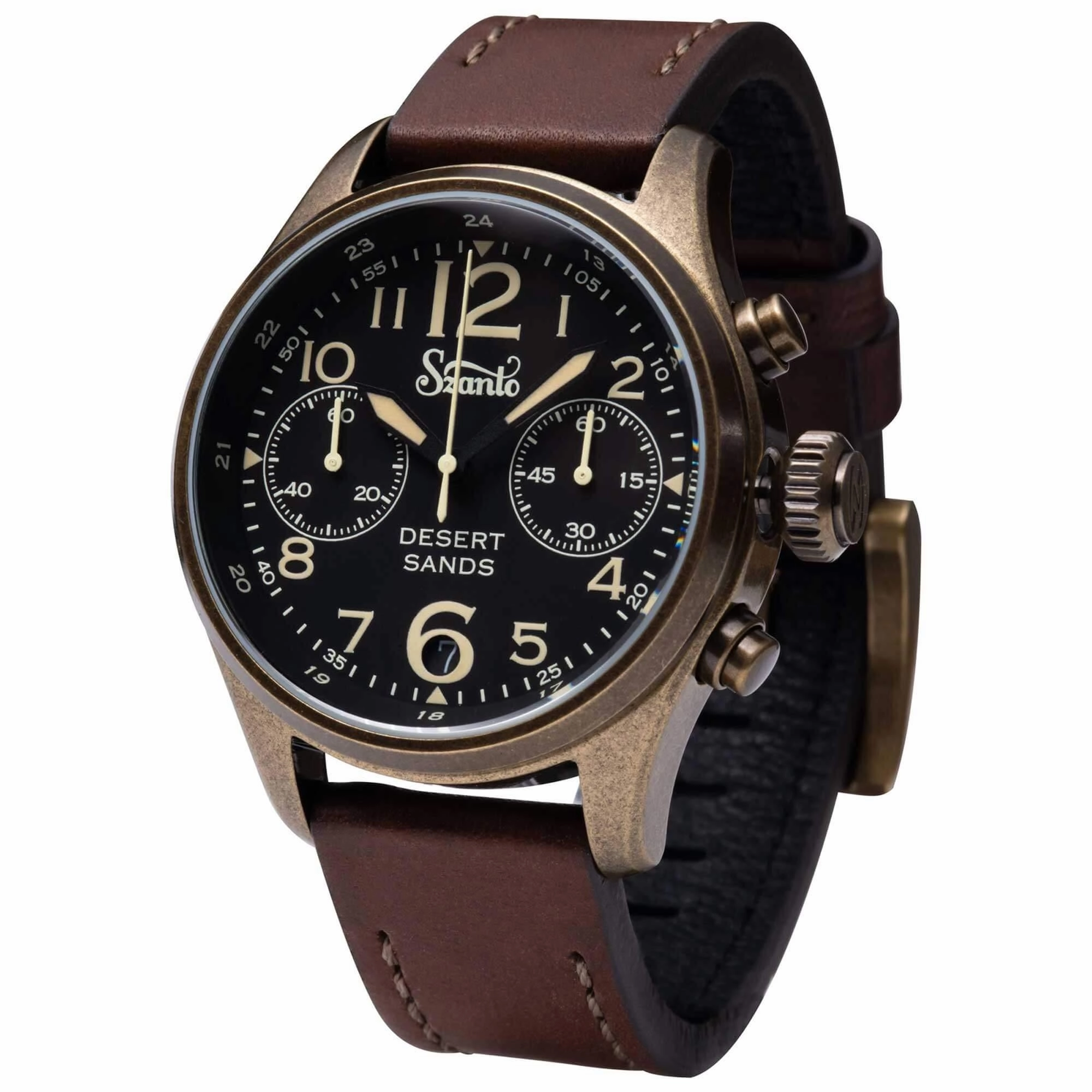 Szanto Men's Chronograph Watch - Desert Sands Antique Gold Case Brown Strap | SZ 4552