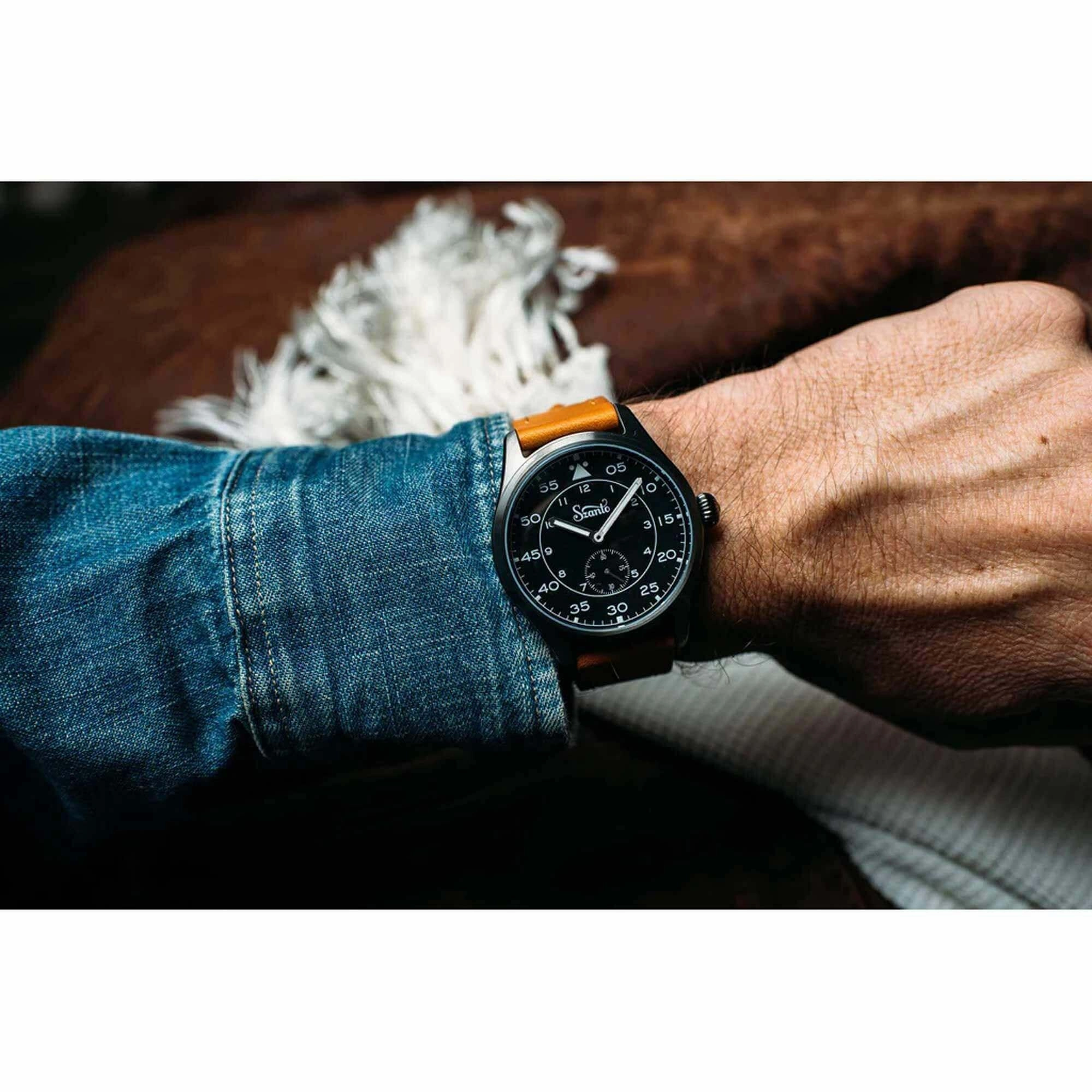 Szanto Men's Quartz Watch - Heritage Aviator Black Dial Grey Case Tan Strap | SZ 2757