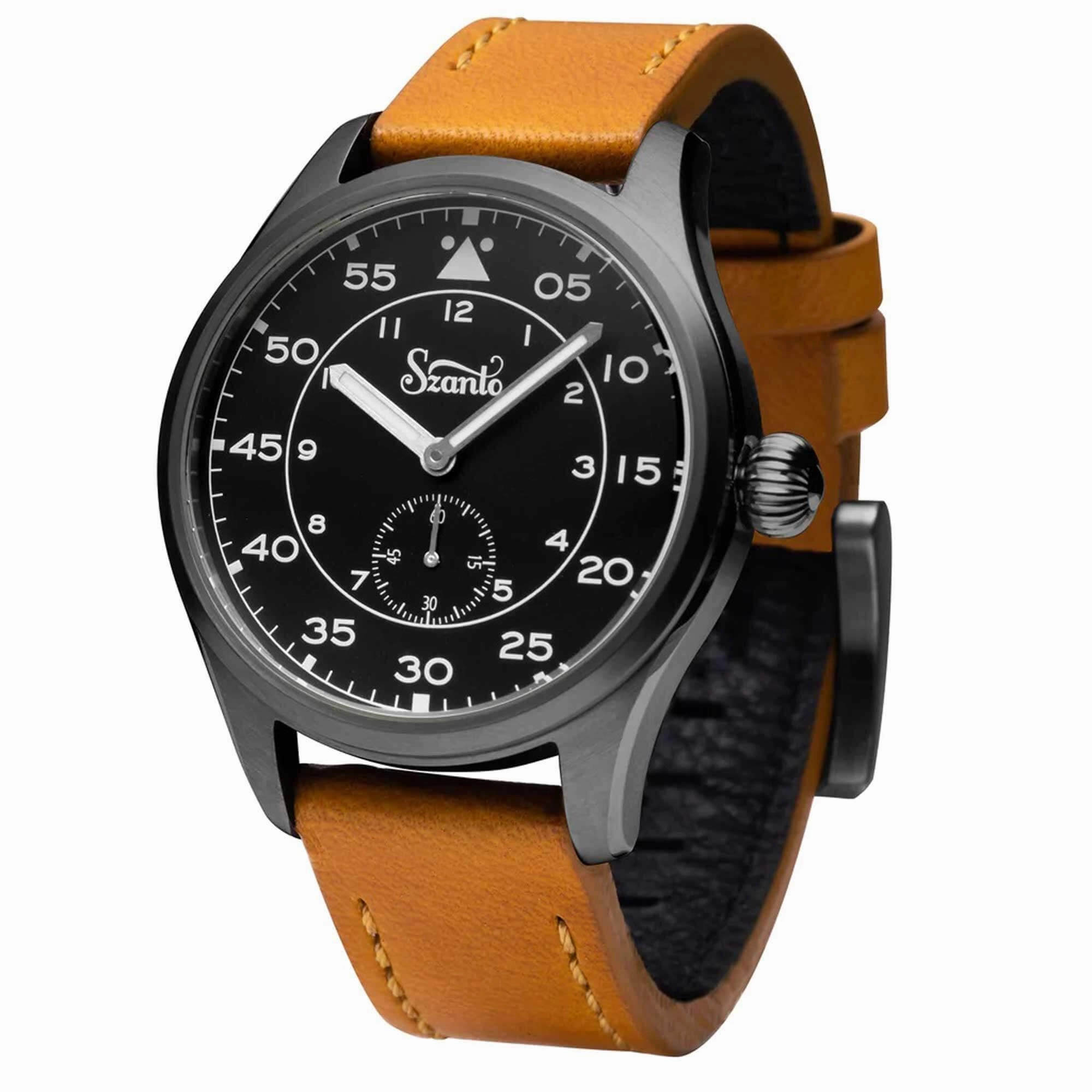 Szanto Men's Quartz Watch - Heritage Aviator Black Dial Grey Case Tan Strap | SZ 2757