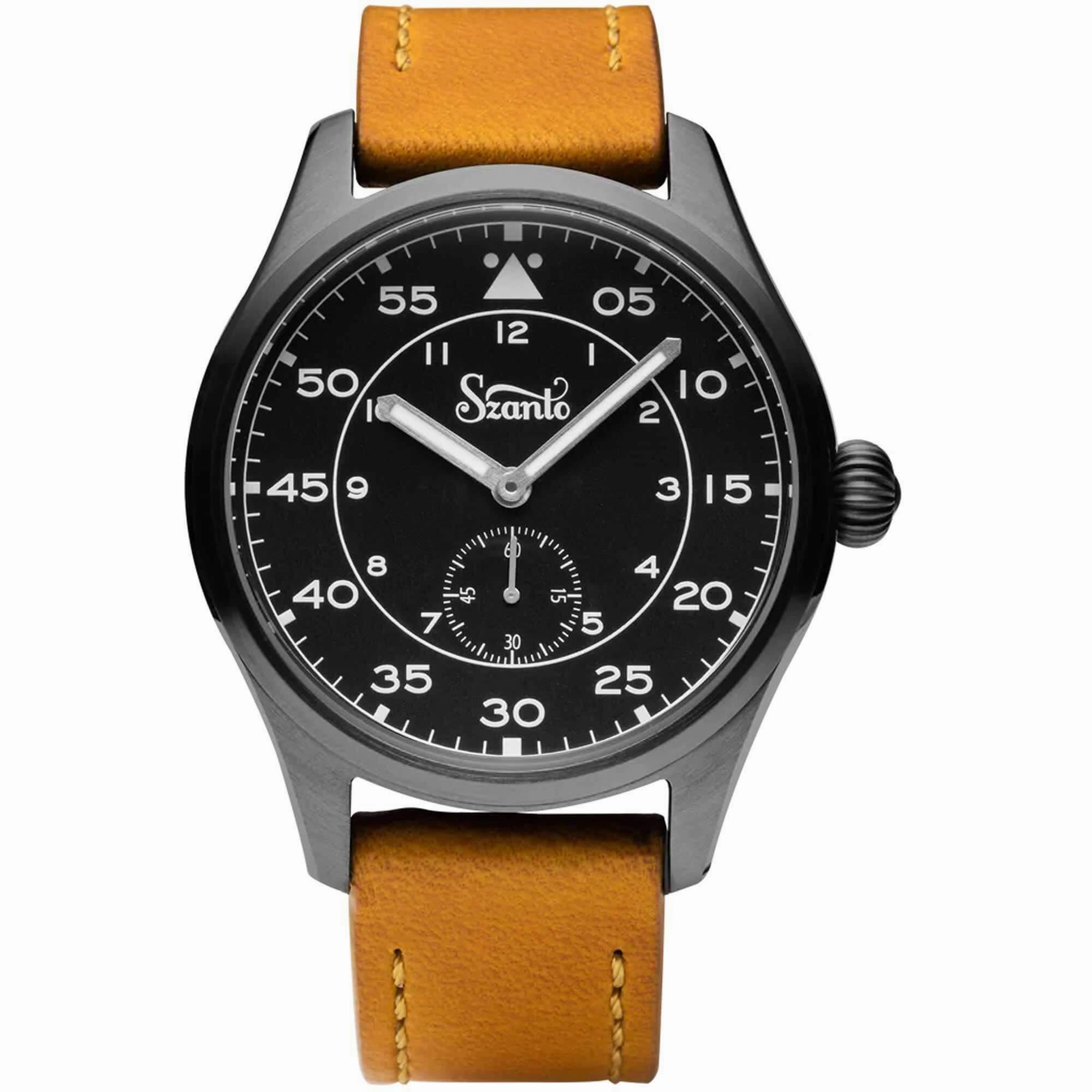 Szanto Men's Quartz Watch - Heritage Aviator Black Dial Grey Case Tan Strap | SZ 2757