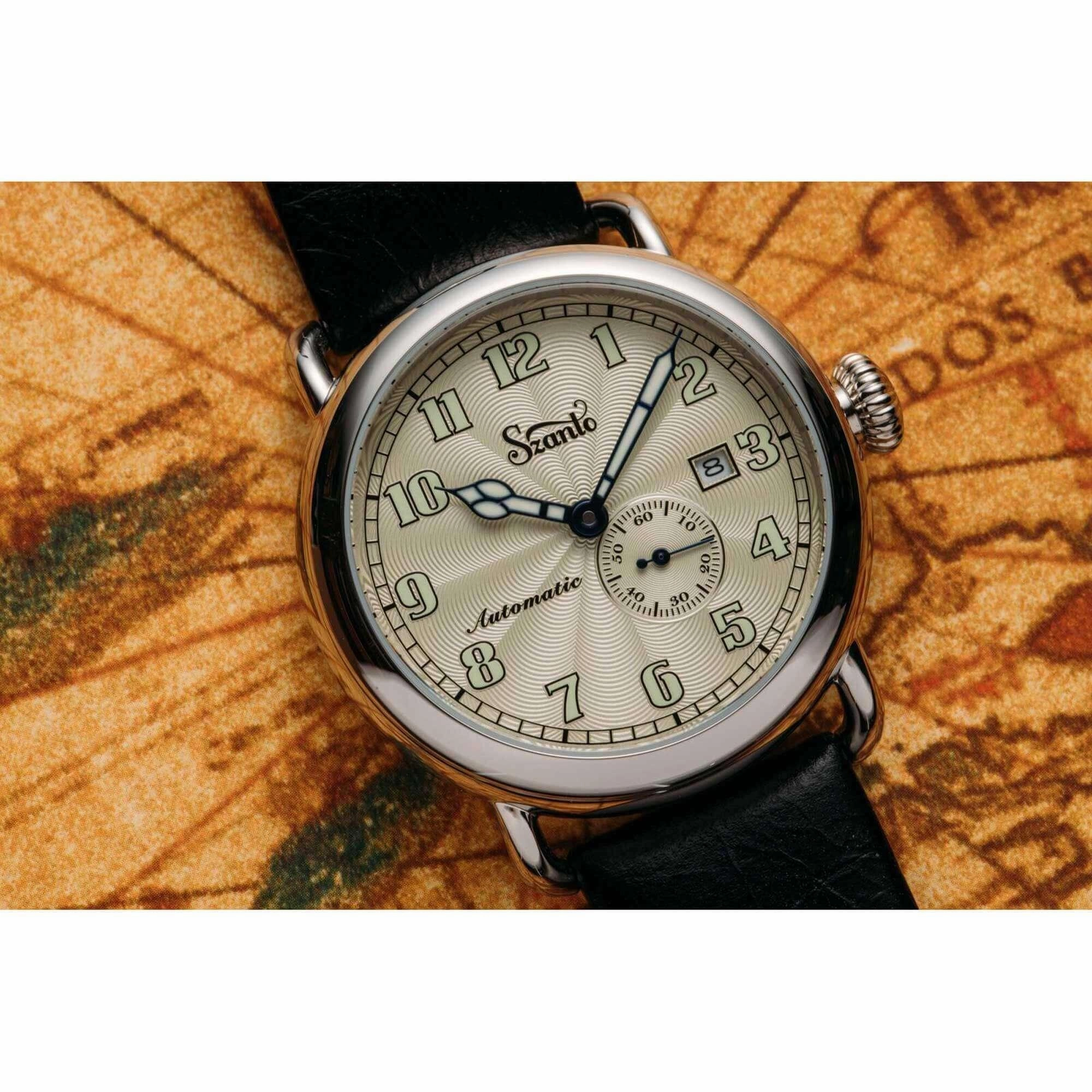 Szanto Men's Watch - Officer Classic Round Ivory Dial Black Leather Strap | SZ 6305E