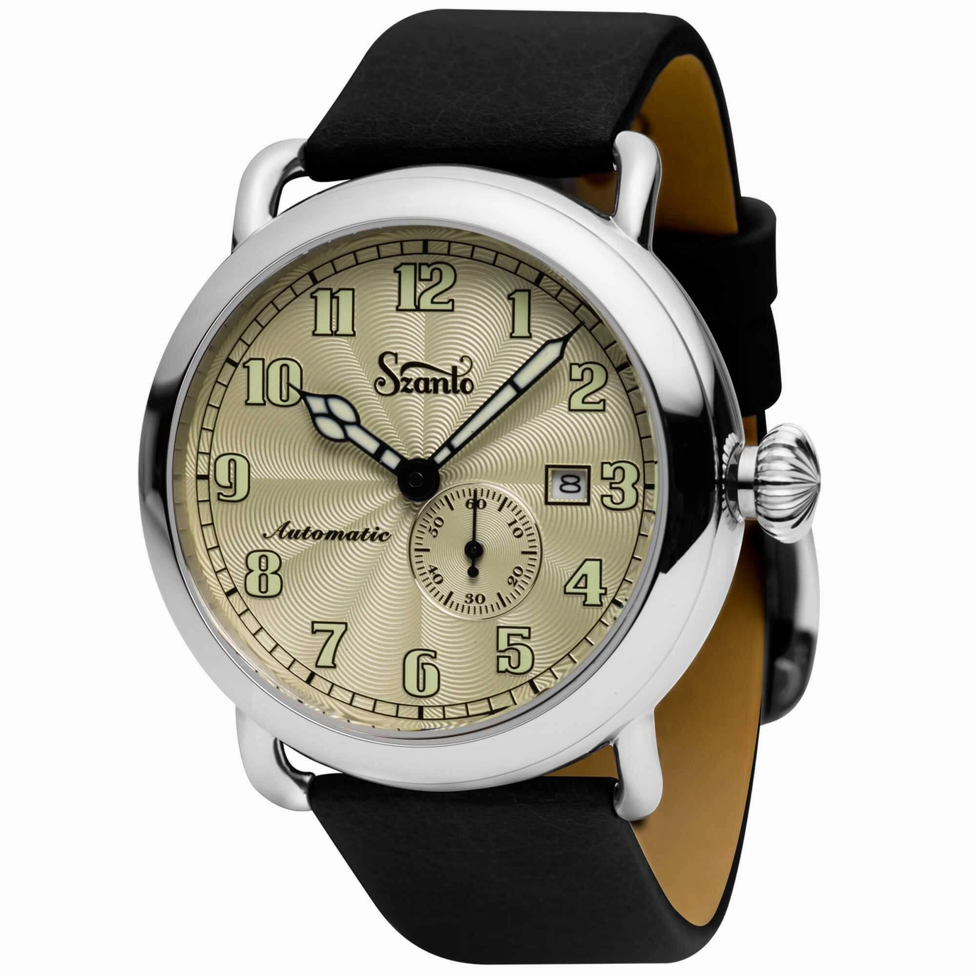 Szanto Men's Watch - Officer Classic Round Ivory Dial Black Leather Strap | SZ 6305E