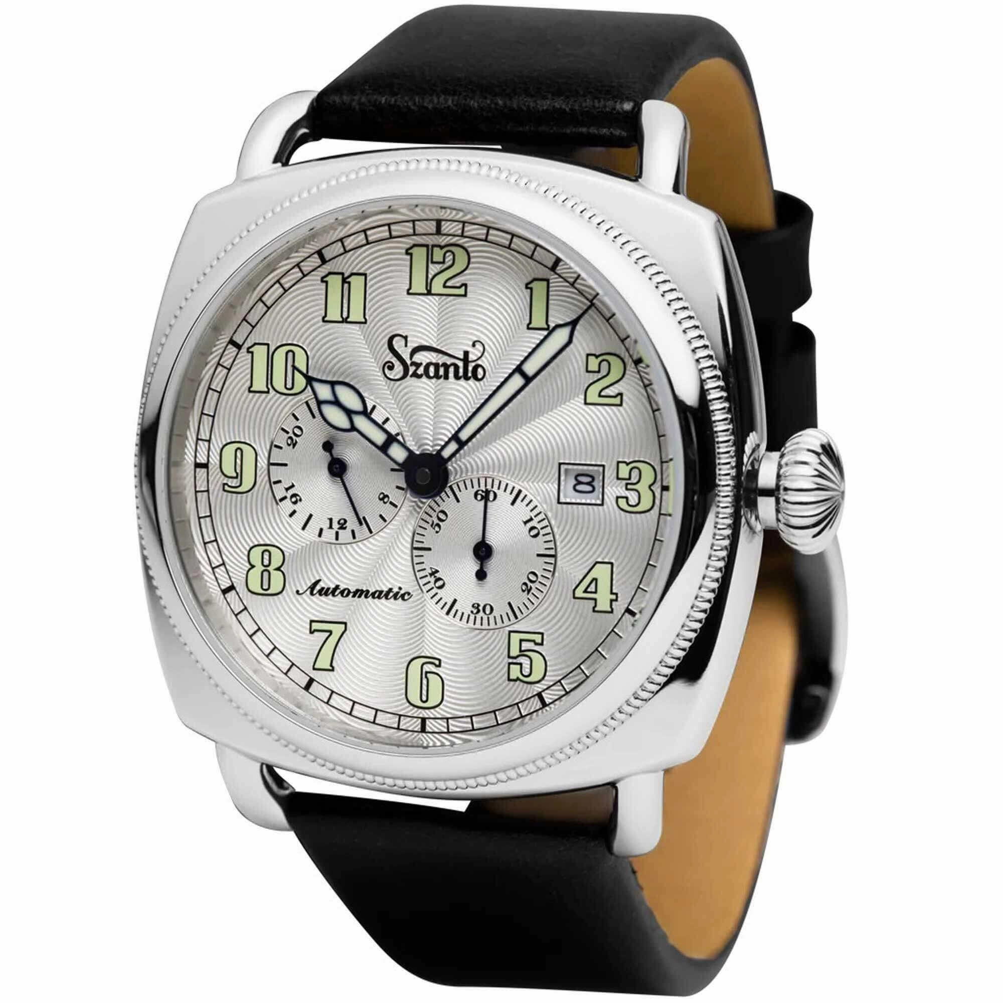 Szanto Men's Watch - Officer Coin Cushion Silver Tone Dial Black Strap | SZ 6202E
