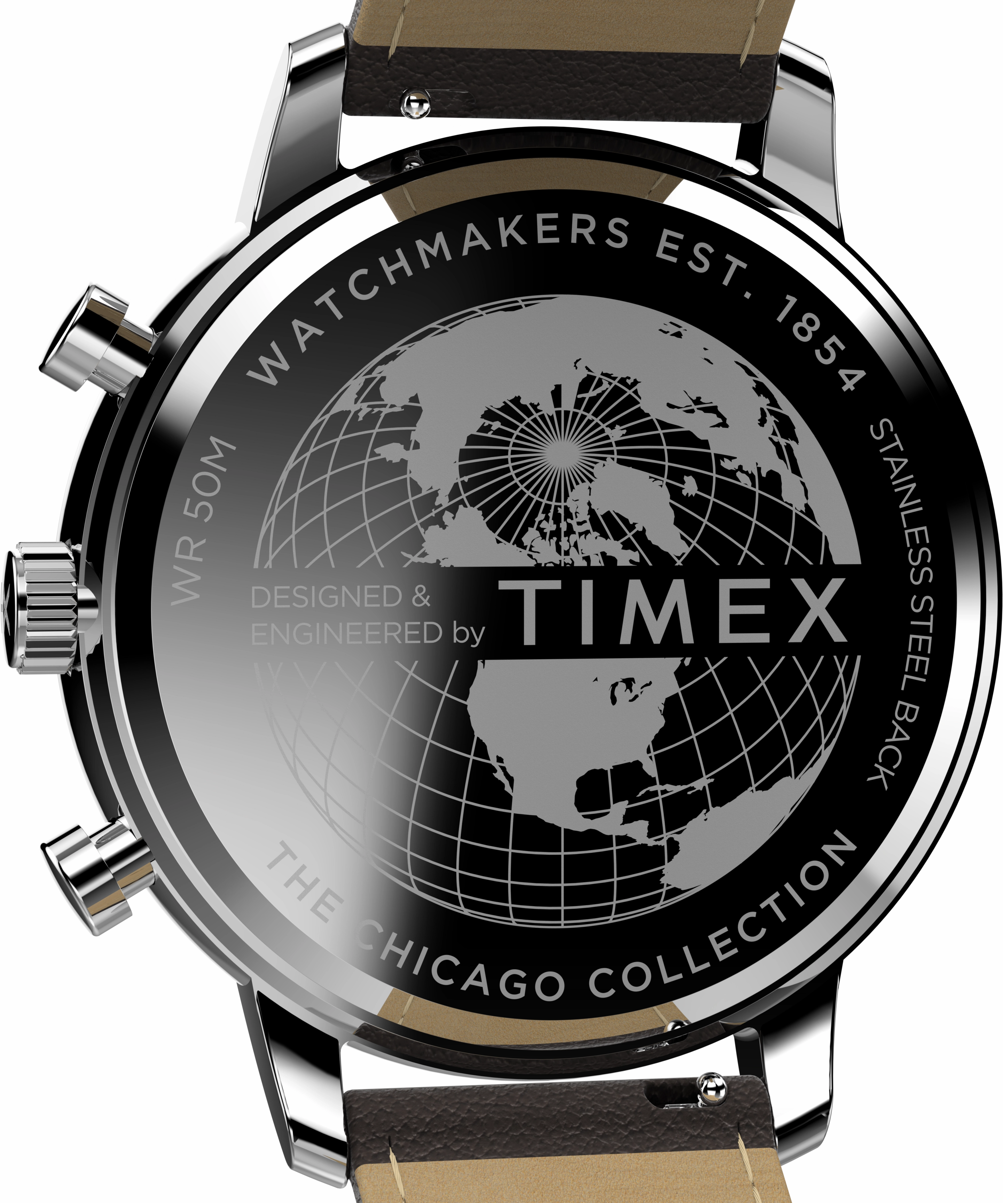 Timex Chicago Chrono 45mm Silver Tone Blue Dial Brown Leather Strap TW2W76200