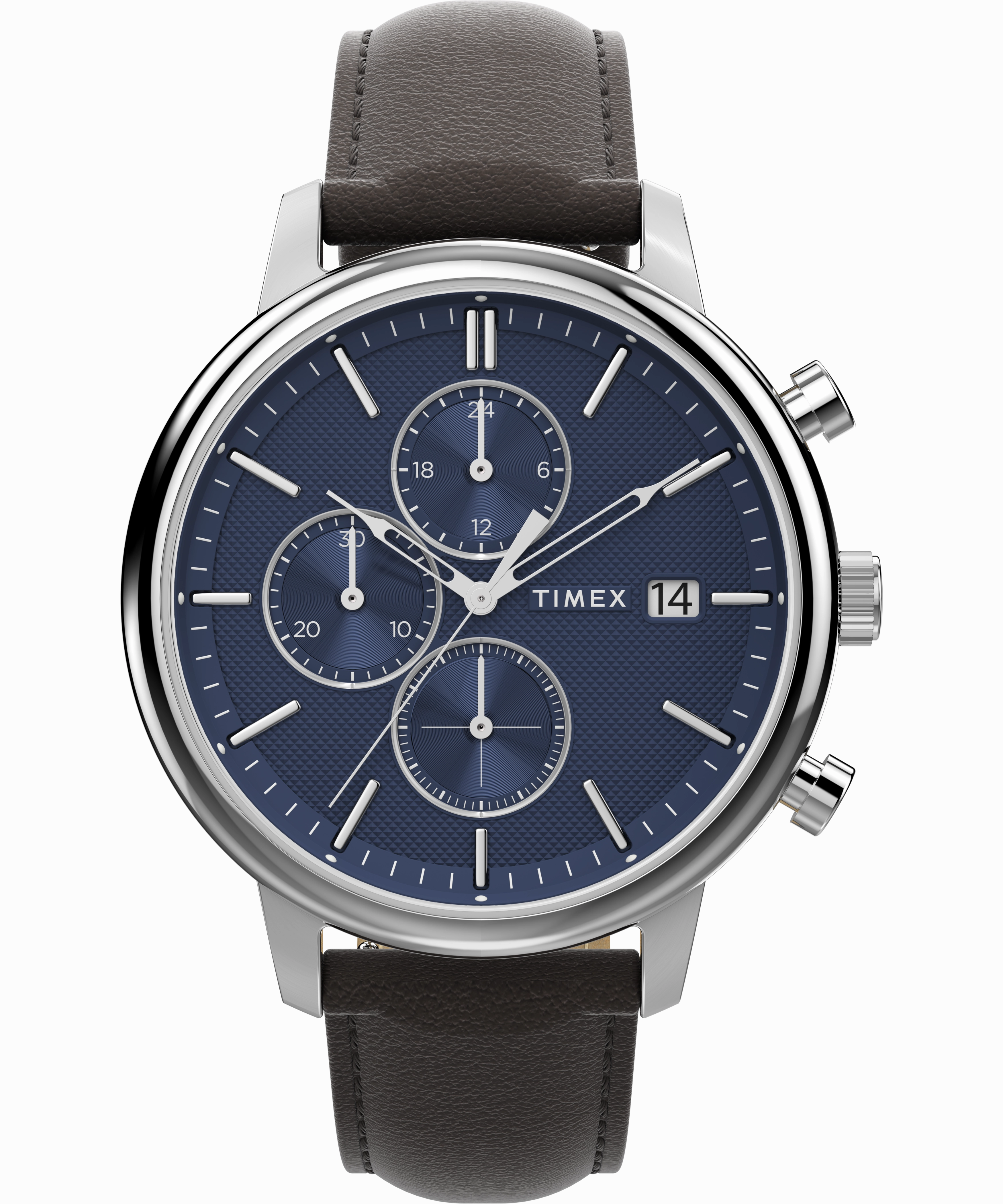 Timex Chicago Chrono 45mm Silver Tone Blue Dial Brown Leather Strap TW2W76200
