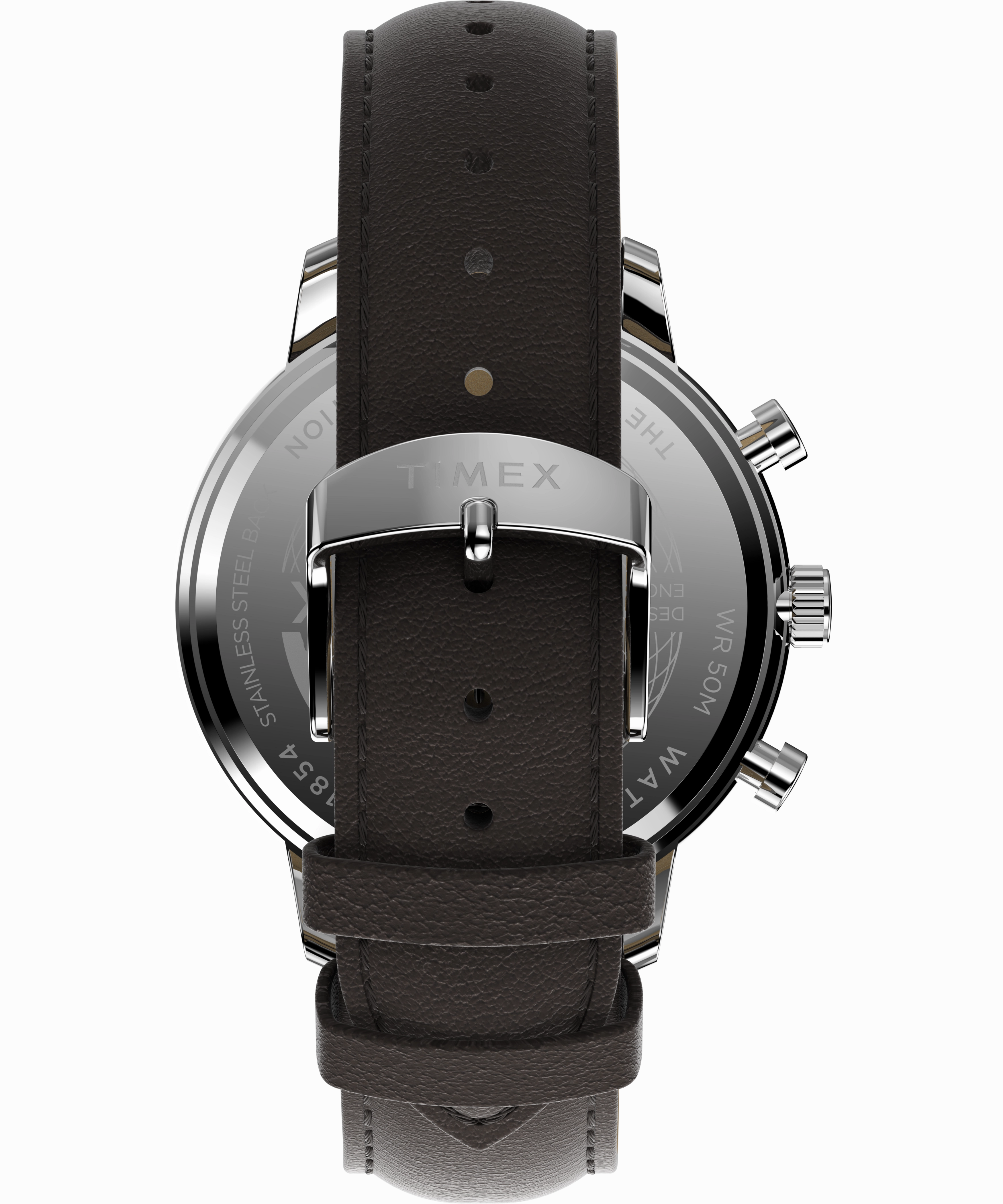 Timex Chicago Chrono 45mm Silver Tone Blue Dial Brown Leather Strap TW2W76200
