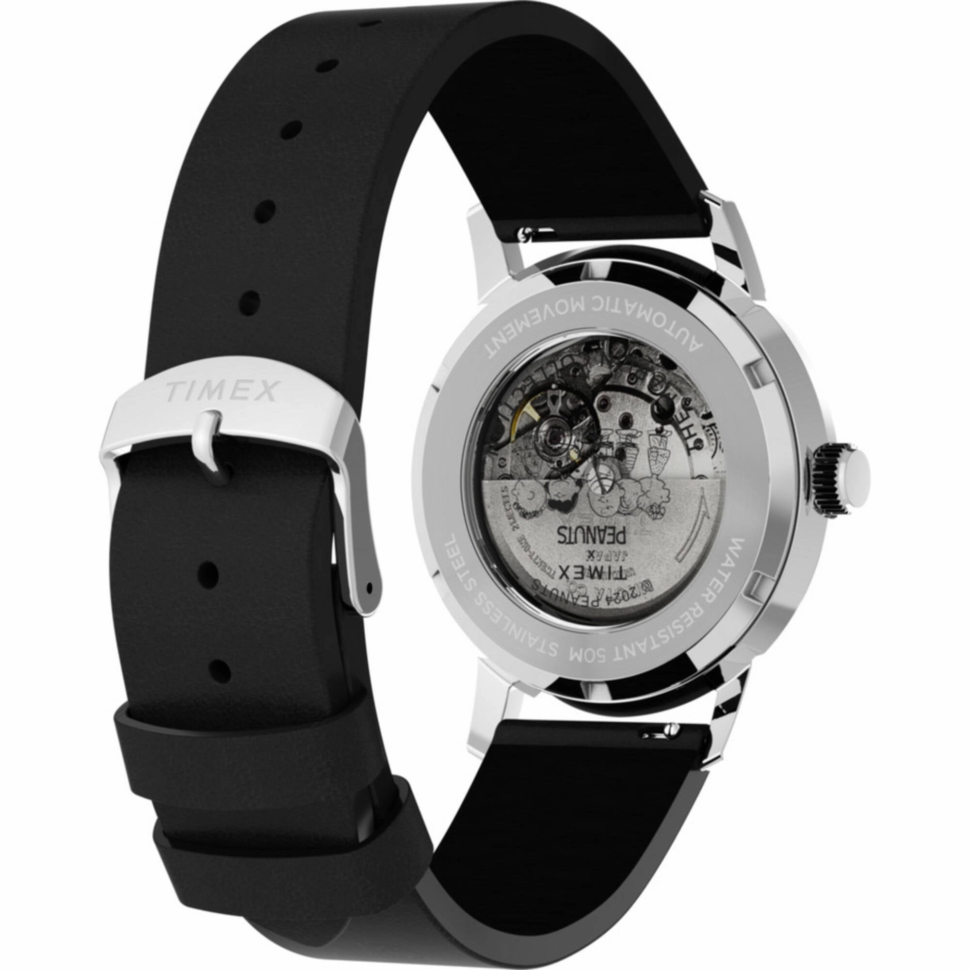 Timex Men's Watch - Marlin Peanuts Sketch Automatic Black Leather Strap | TW2W54000